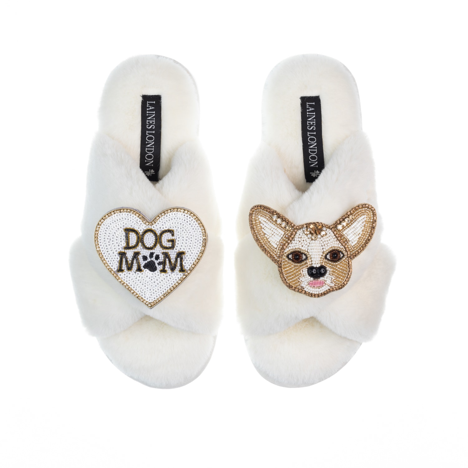 Women’s White Classic Laines Slippers With Princess Chihuahua & Dog Mum / Mom Brooches - Cream Extra Large Laines London