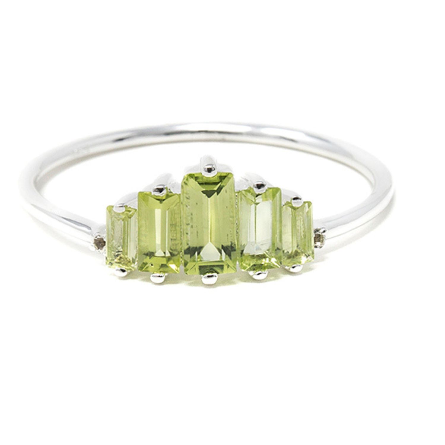 Nasi Silver Women's Green Baguette Aaliyah Ring- Peridot & White Topaz, Silver