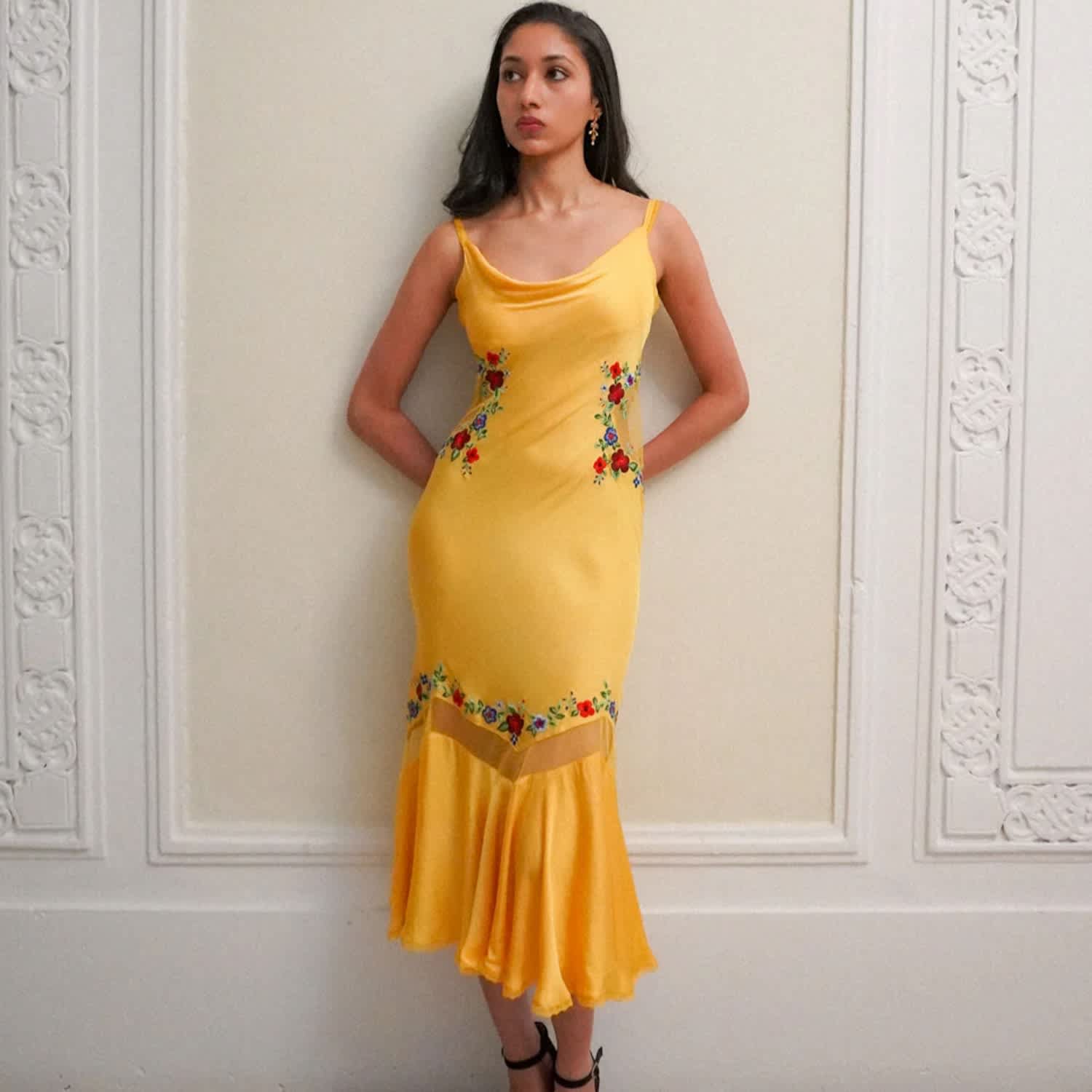yellow and burgundy dress Destiny | Yellow Satin Asymmetric-Neck Midi Dress With Feather Details main image 1