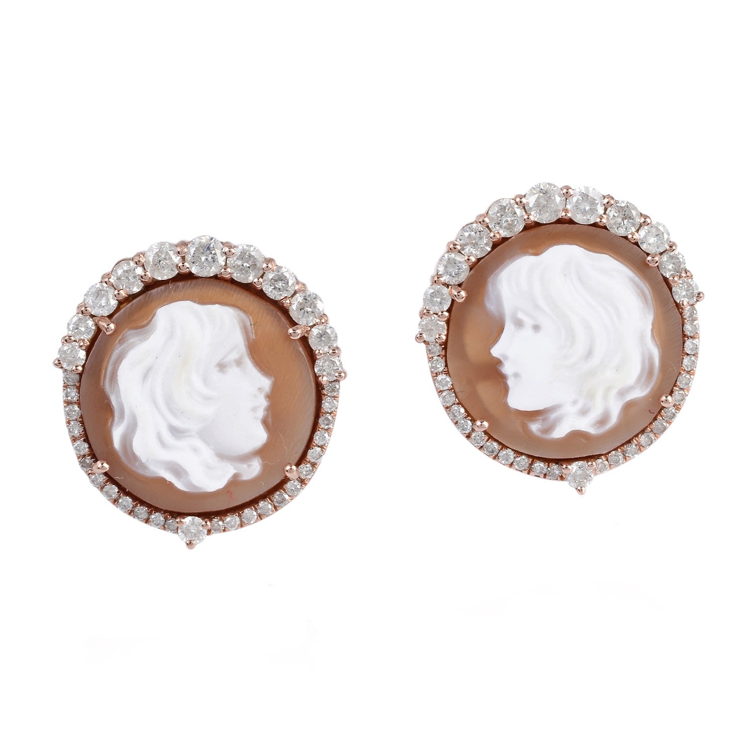 Women’s Rose Gold / White Natural Diamond Shell Cameo Stud Earrings 18K Rose Gold Artisan