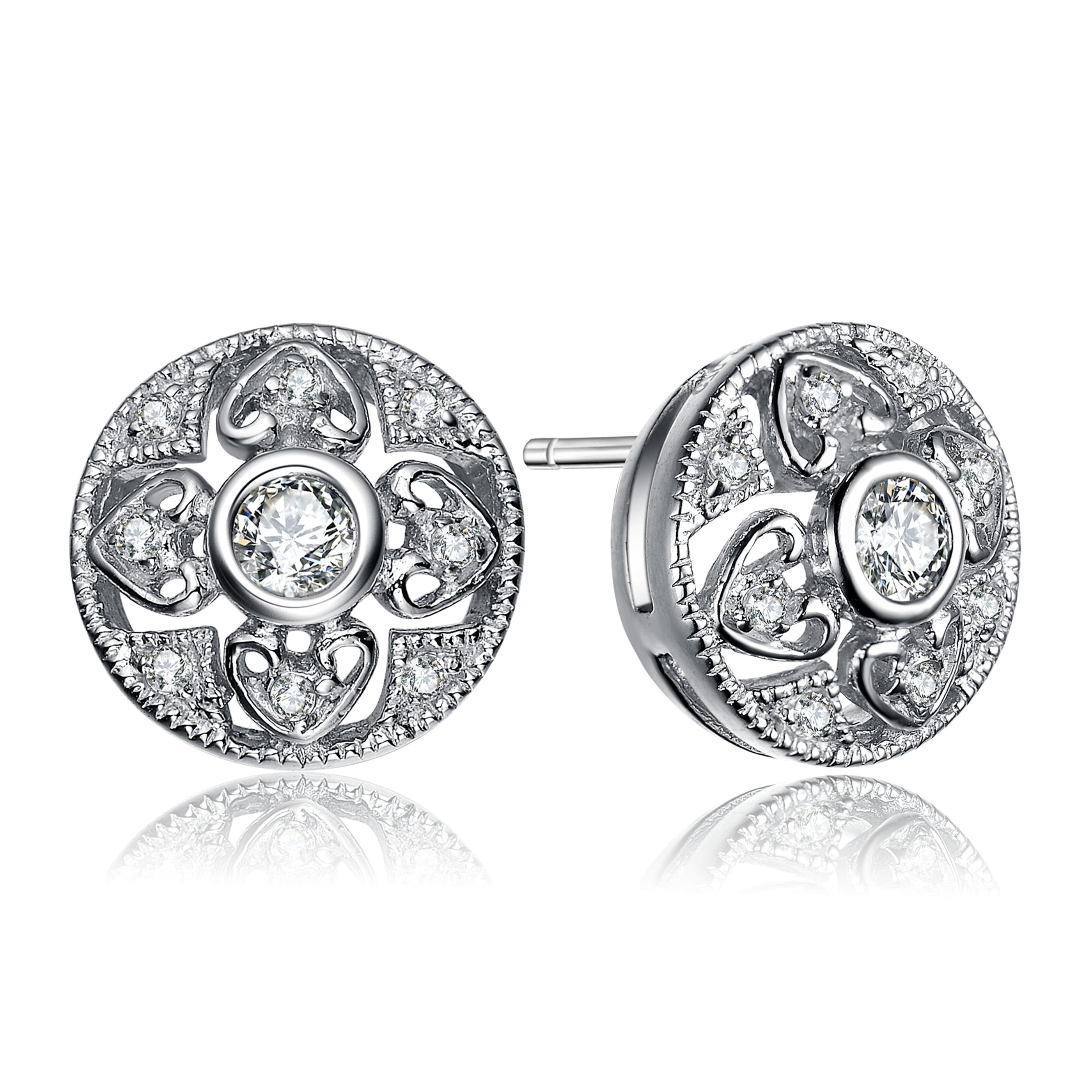 Genevive Jewelry Women's White / Silver Cz Sterling Silver White Gold Plated Round Stud Earrings In Multi
