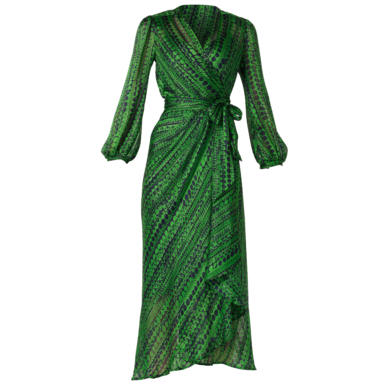 Savoir Midi Wrap Dress In Navy Green | SACHA DRAKE | Wolf & Badger
