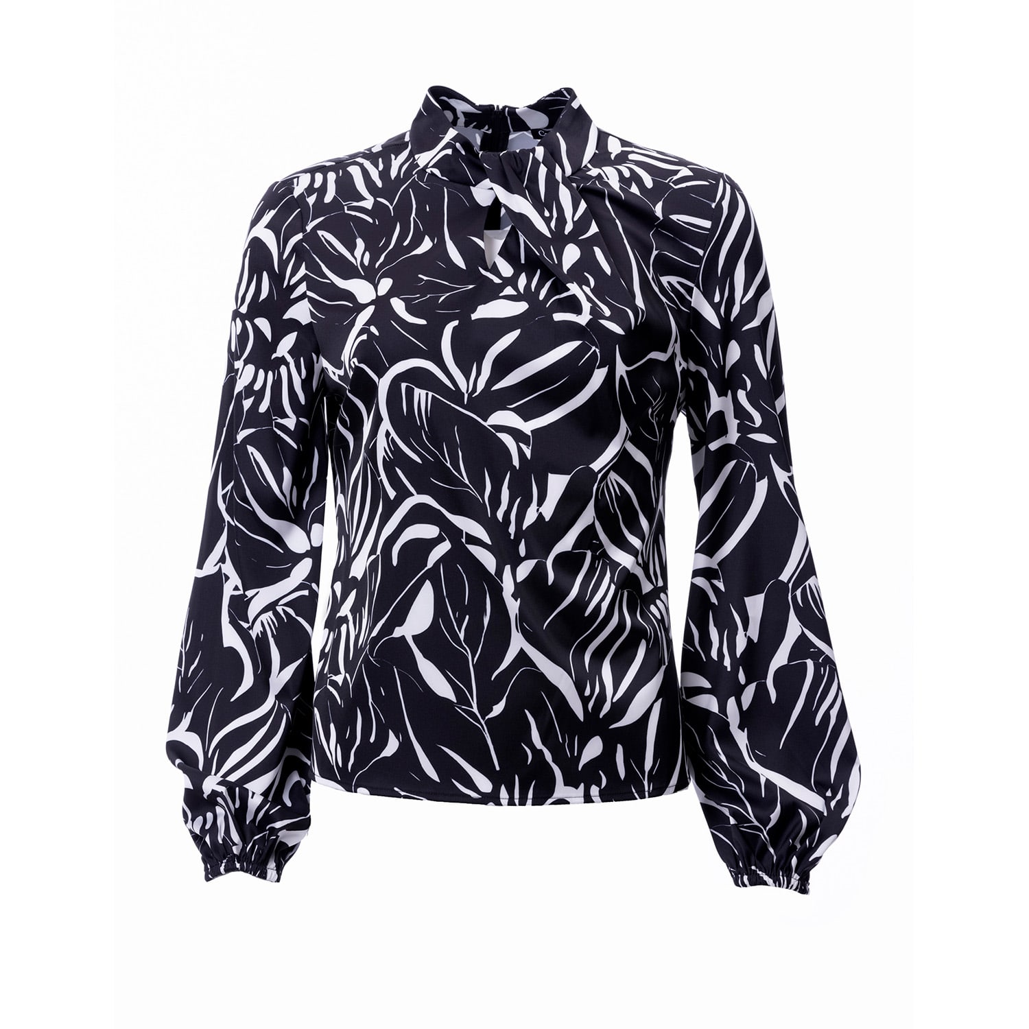 Carloslines Women's Black / White Draped Mock Neck Long Sleeve Shirt In Contrasted Leaves Print In Multi