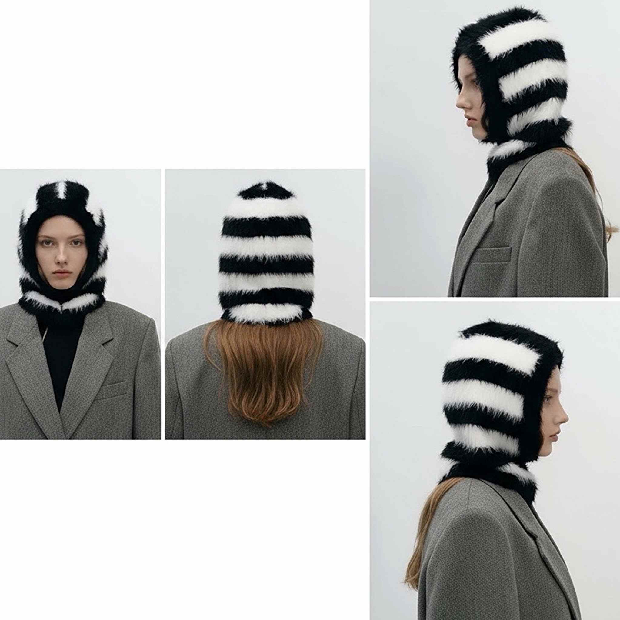 Striped Black & White Striped Fuzzy Balaclava | London 