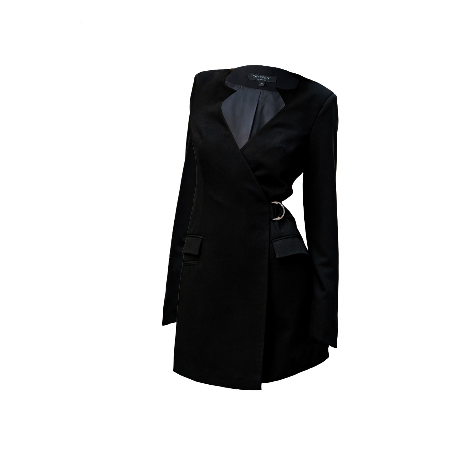 Different Women's Cut-out Collar Blazer With Waist Closure & Pointed Sleeves Black In Black