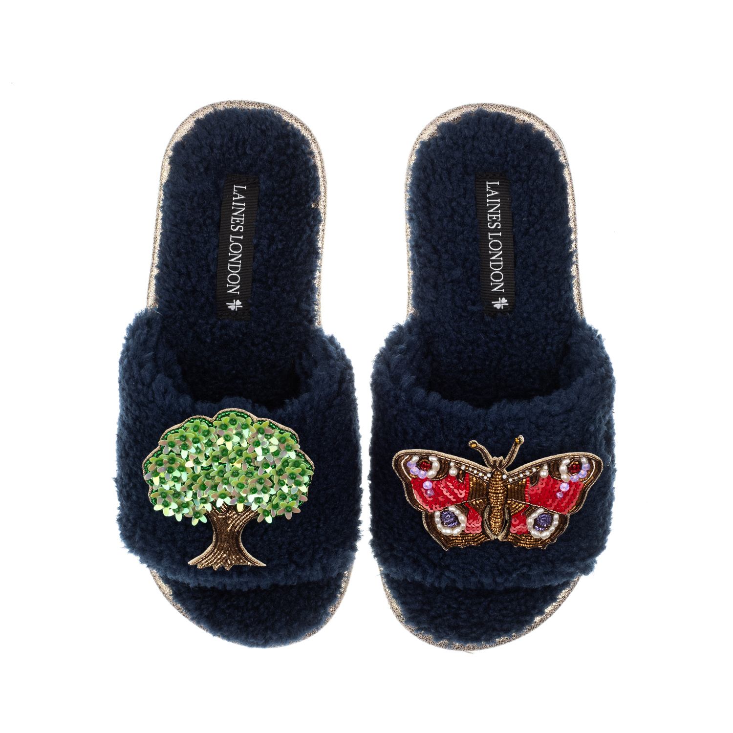 Laines London Women's Blue Teddy Toweling Slipper Sliders With Oak Tree & Butterfly Brooches - Navy In Blue