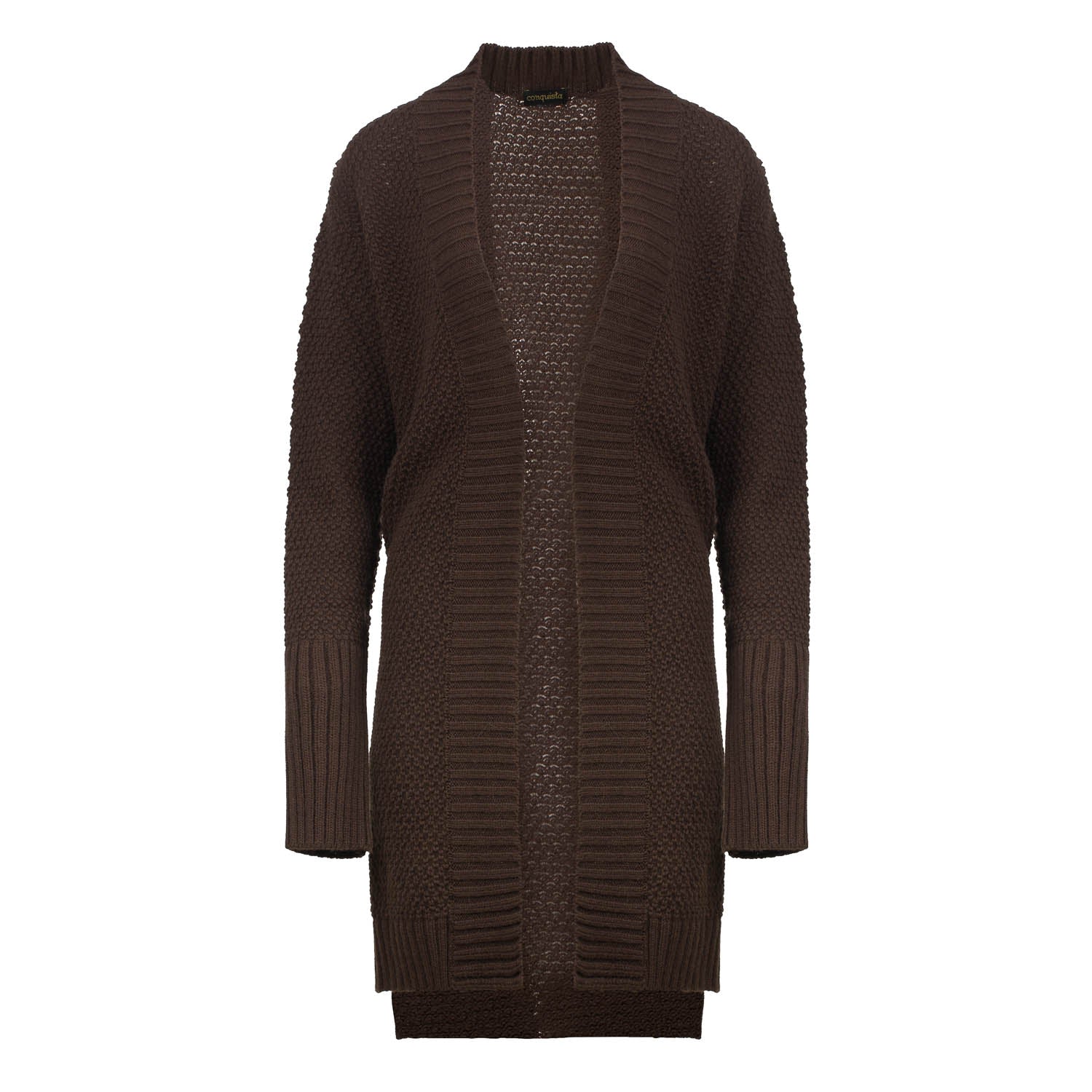 Conquista Women's Under The Knee Length Open Front Brown Knit Cardigan In Brown