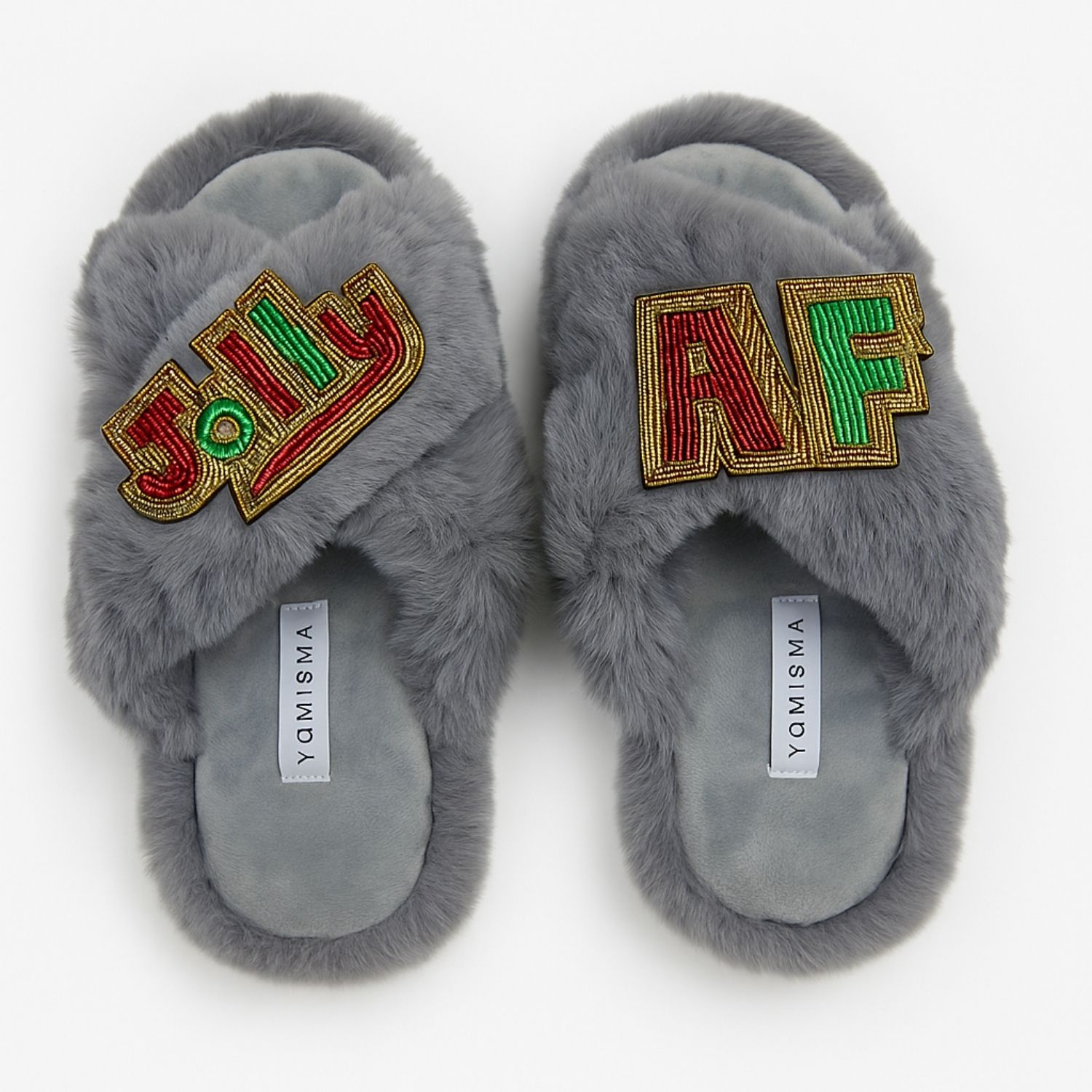 Yomisma Women's Eco-friendly Holiday Slippers – Jolly + Af Beaded Brooches - Grey In Gray