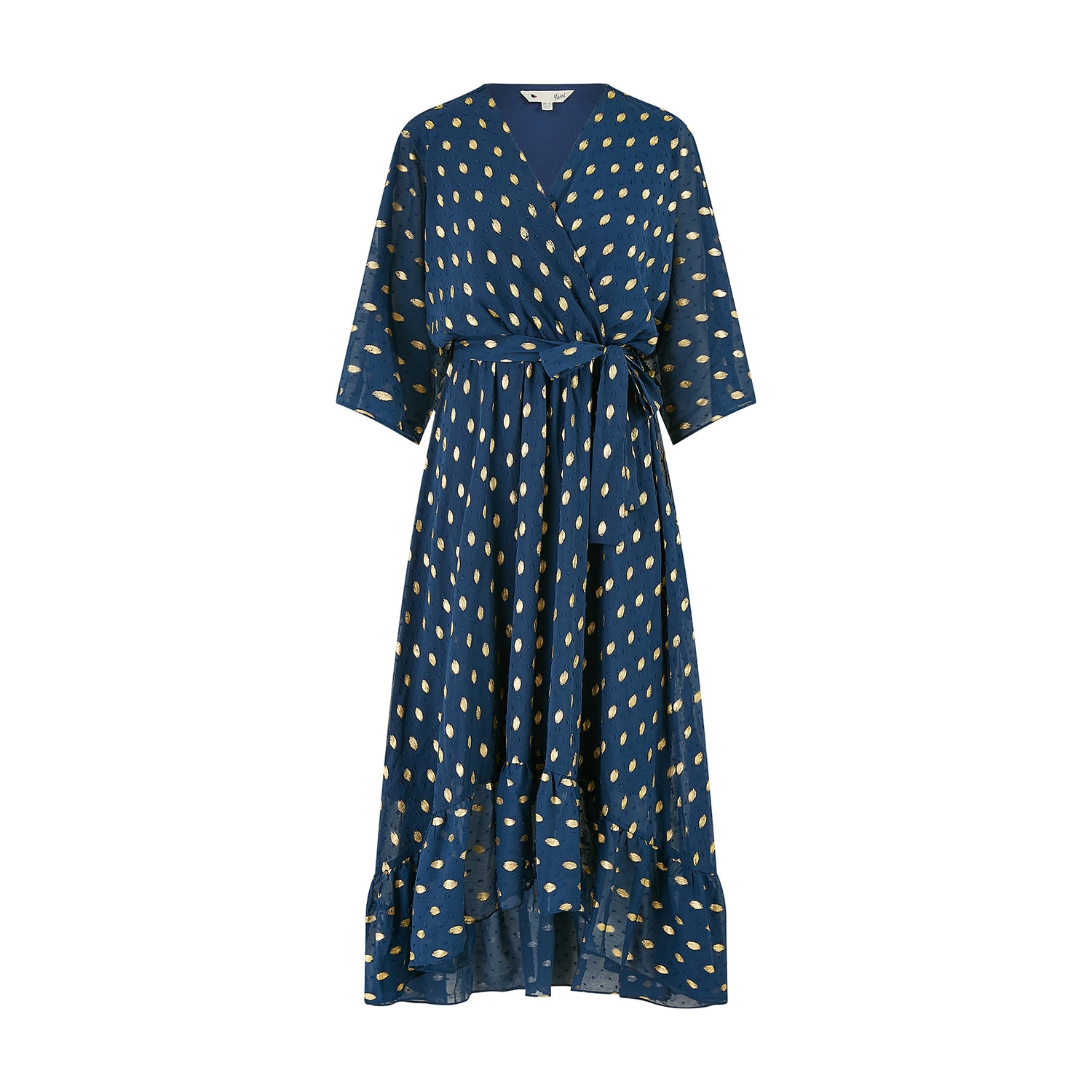 Yumi Women's Blue  Navy Foil Print Wrap Over Dip Hem Midi Dress