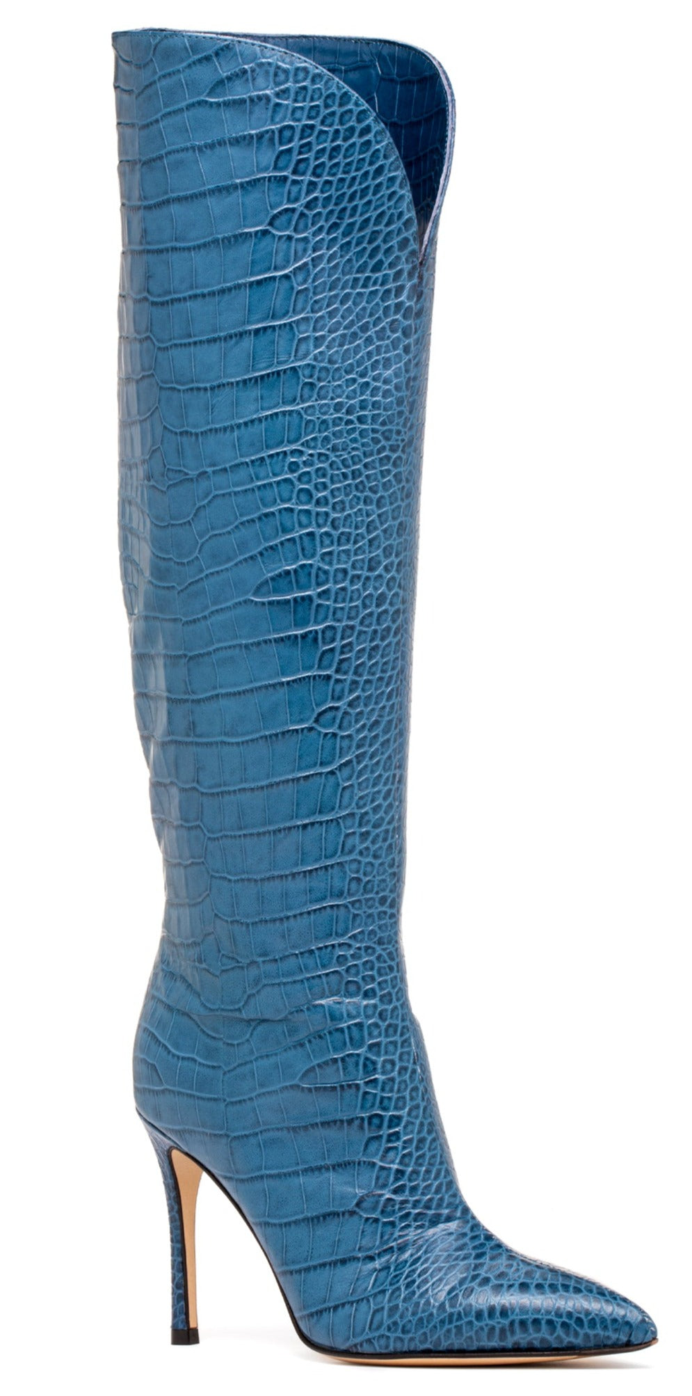 Women’s Peyton Blue Embossed Leather Evening Work Knee High Stiletto Boot 3 Uk Beautiisoles by Robyn Shreiber Made in Italy