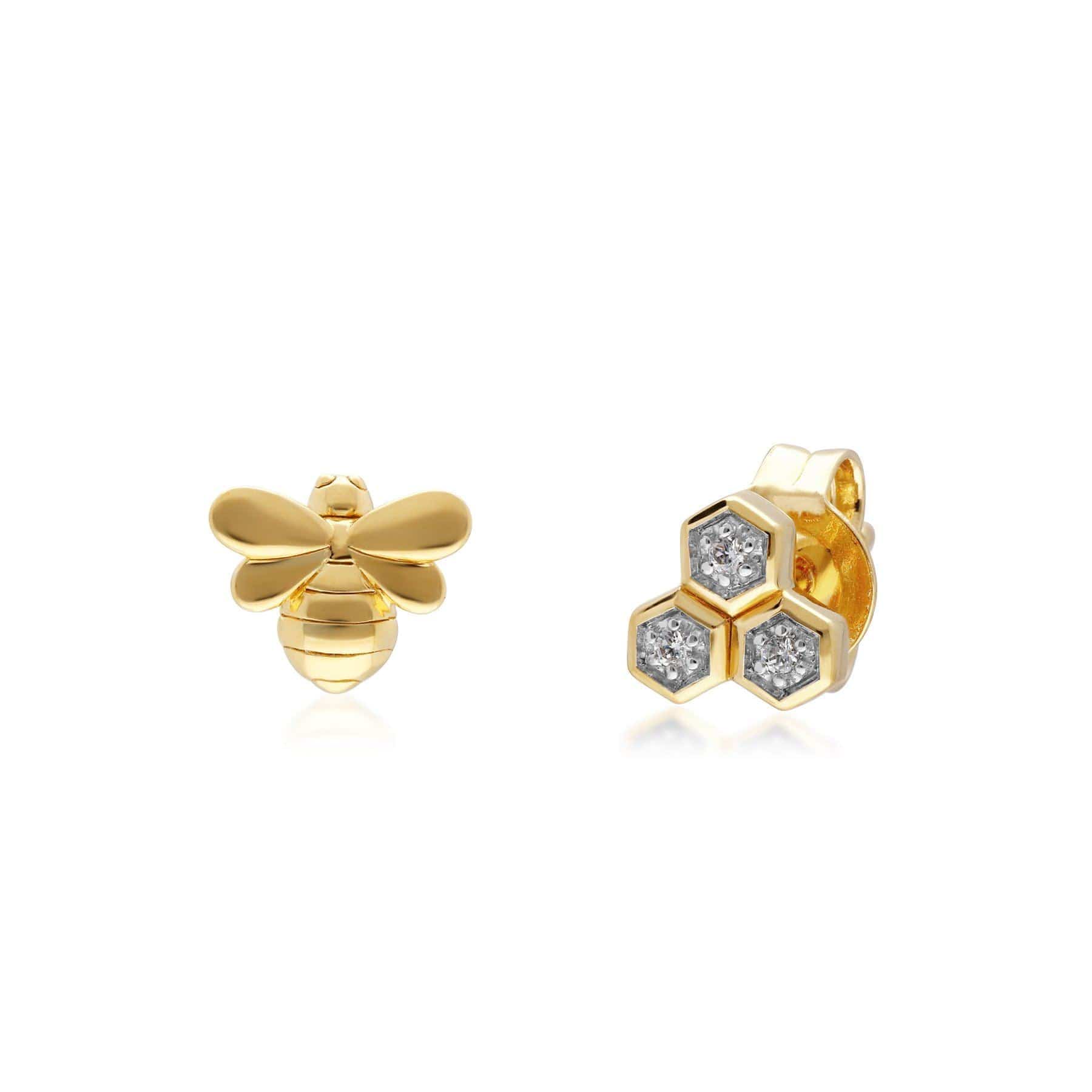 Women’s Honeycomb Inspired Mismatched Diamond Bee Earrings In Yellow Gold Gemondo