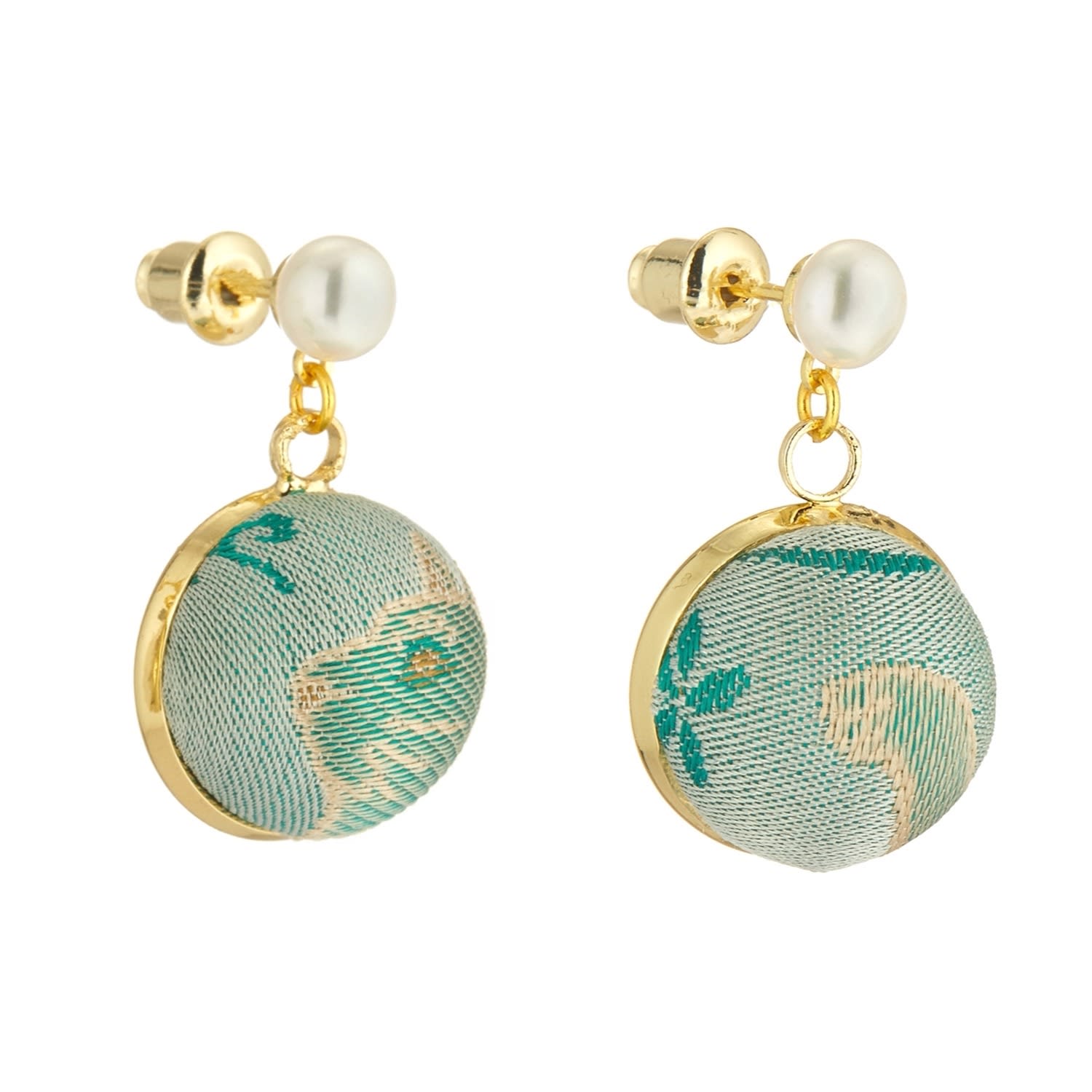 Soft Strokes Silk Women's Green Pure Silk Brocade Earrings With Freshwater Pearls