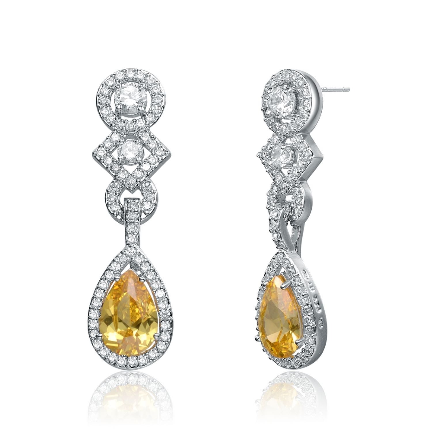 Women’s Yellow / Orange Cubic Zirconia Sterling Silver Yellow And Clear Cubic Zirconia Dangle Earrings Genevive Jewelry