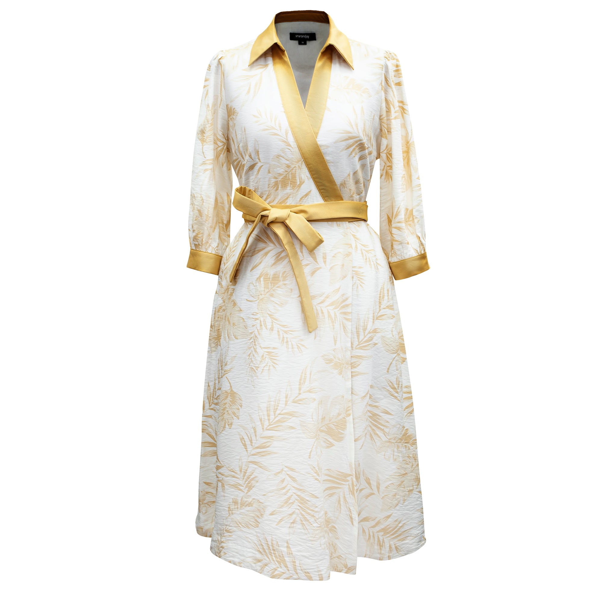 Women’s Bi-Material Wrap Dress With Tropical Print - Gold Medium Smart and Joy