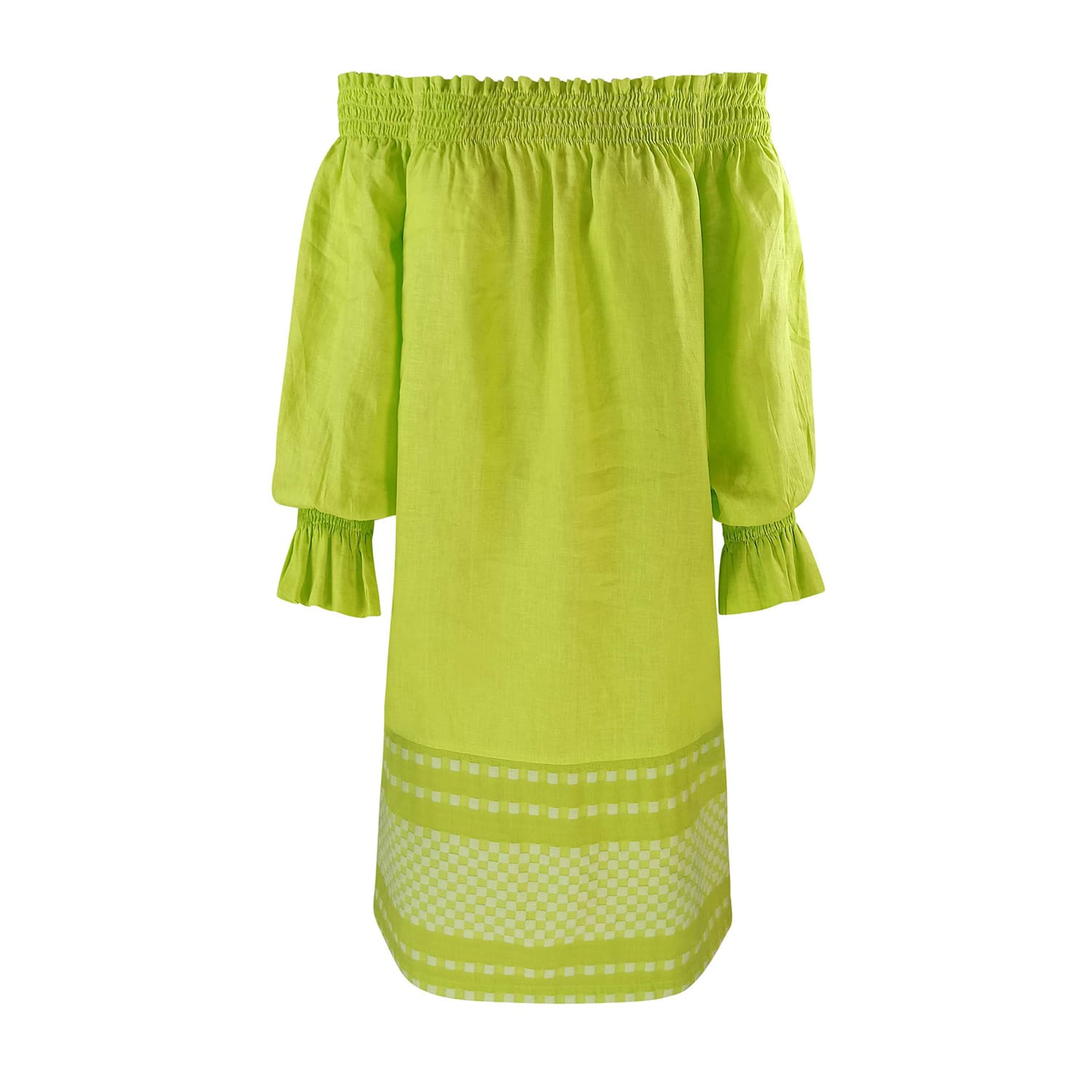 Haris Cotton Women's Green Linen Mini Off Shoulders Dress With Embroidered Cotton Panels Kiwi-white In Green