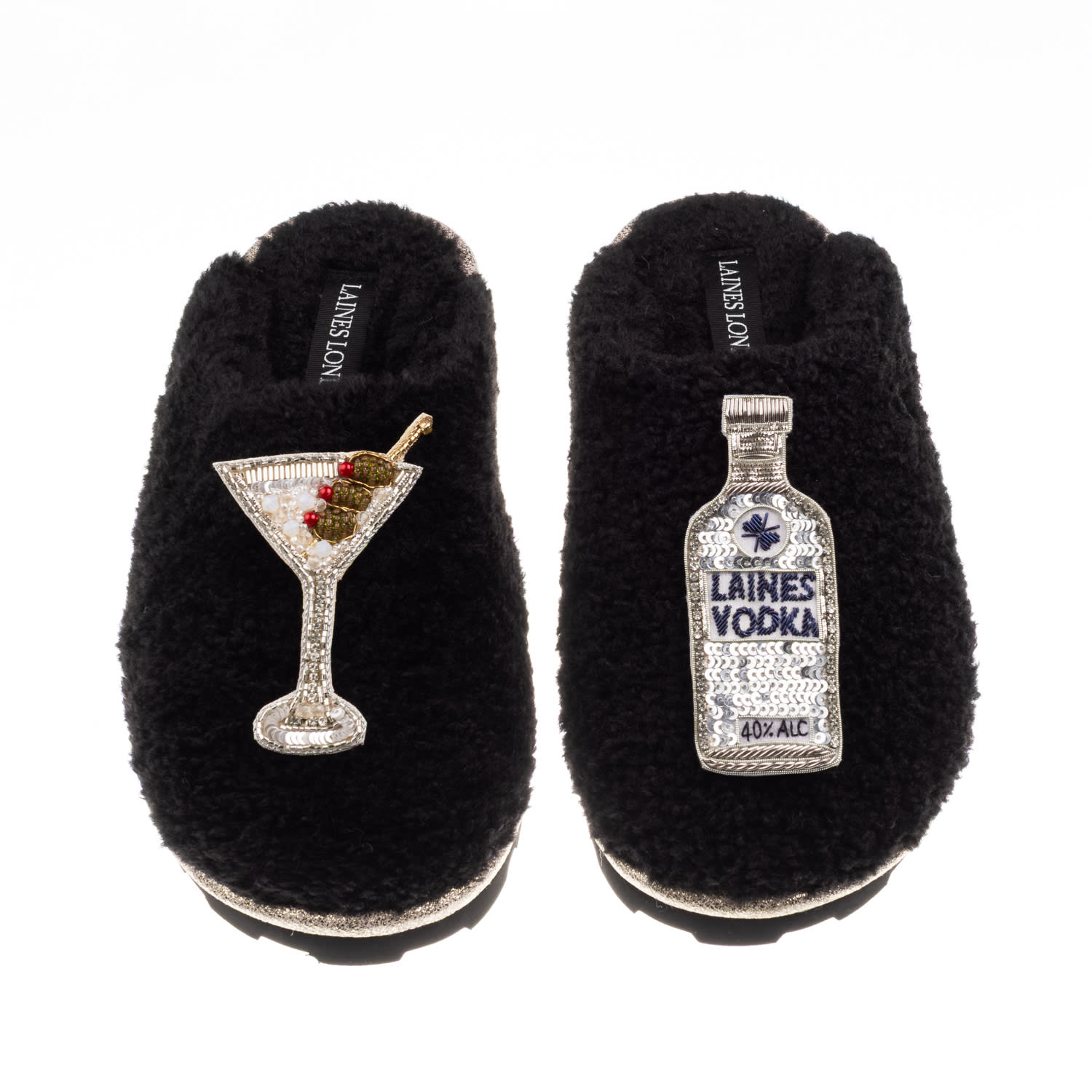 Laines London Women's Teddy Closed Toe Slippers With Vodka Martini Brooches - Black In Black