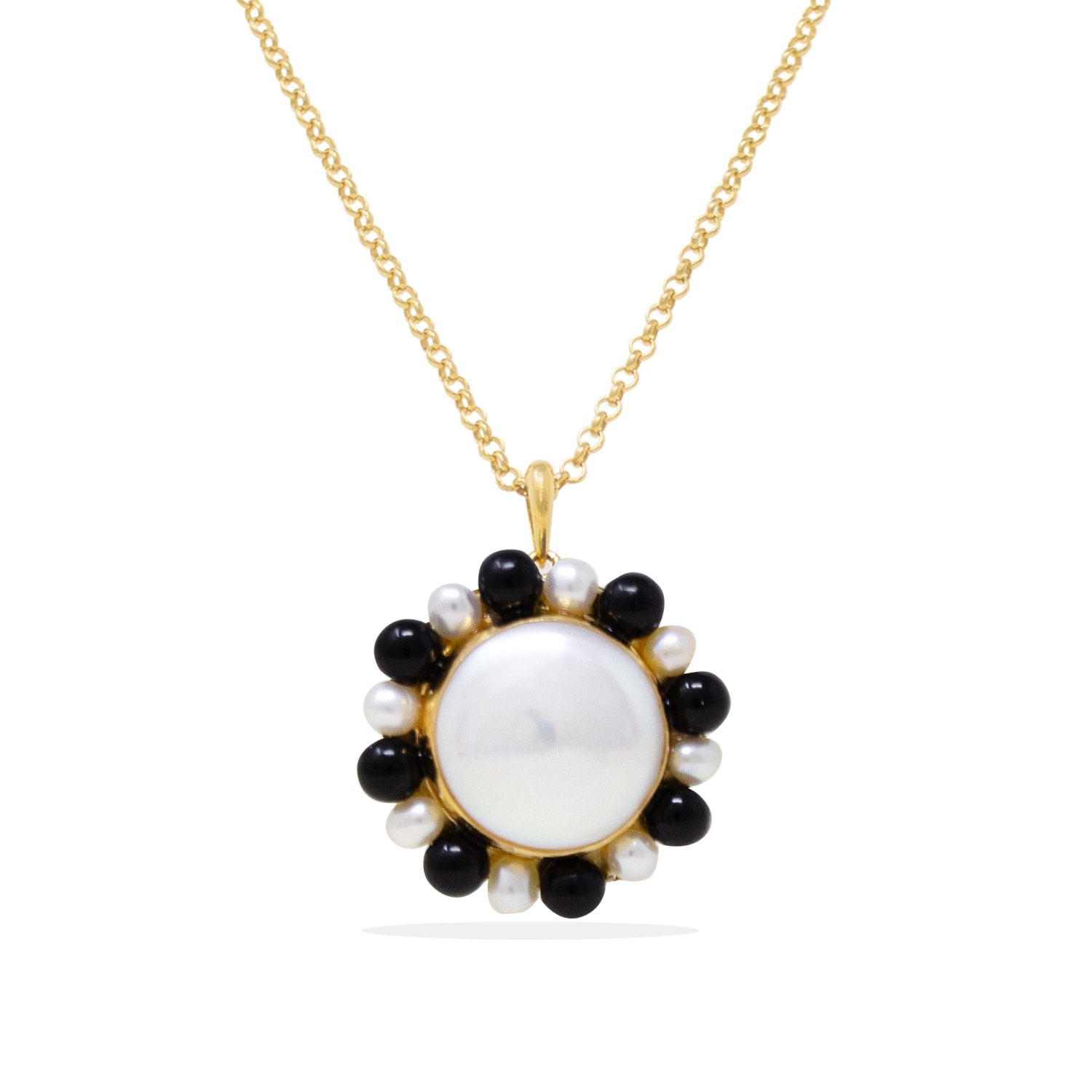 Vintouch Italy Women's Gold / Black / White Lotus Gold-plated Baroque Pearl And Onyx Necklace In Multi