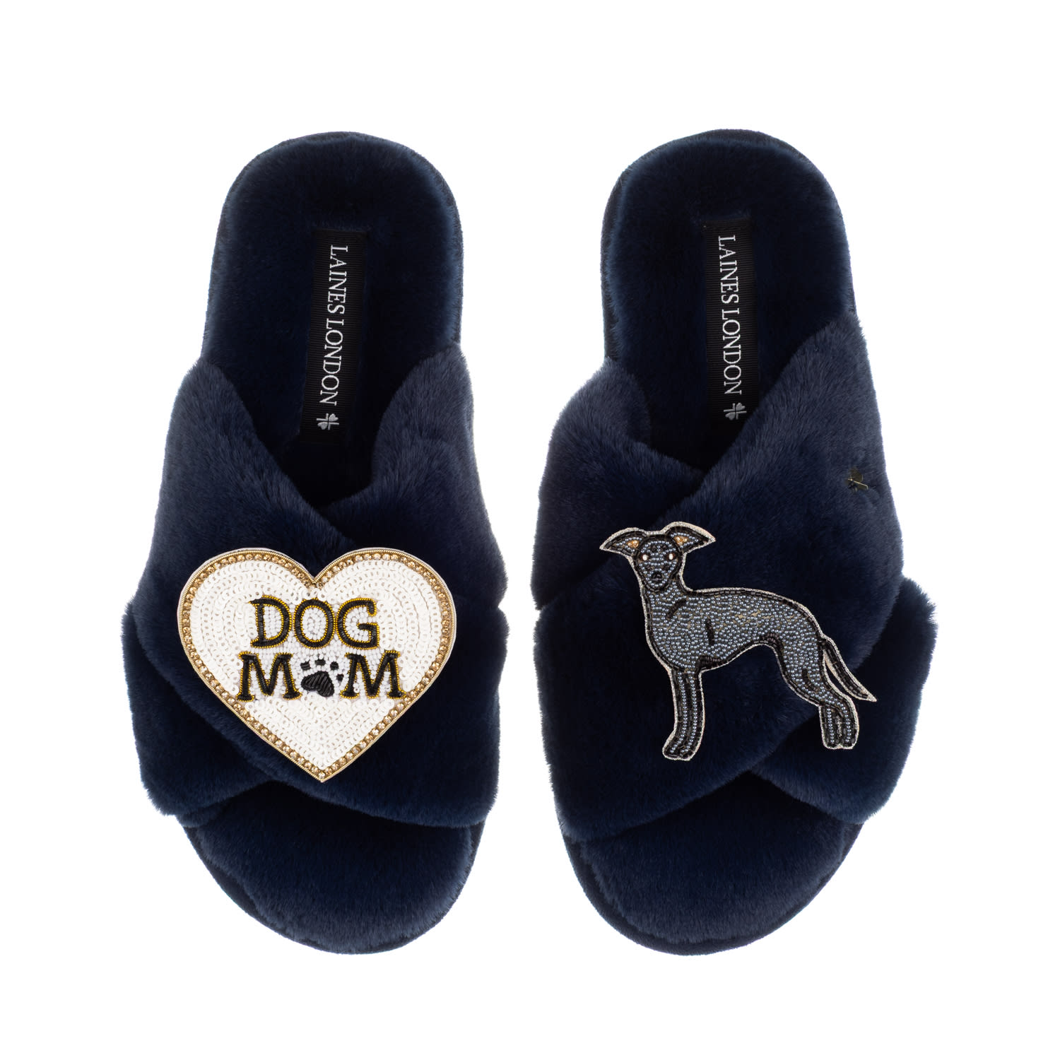 Laines London Women's Classic Laines Slippers With Dog Mum/mom & Blue Italian Greyhound Brooches - Navy In Multi