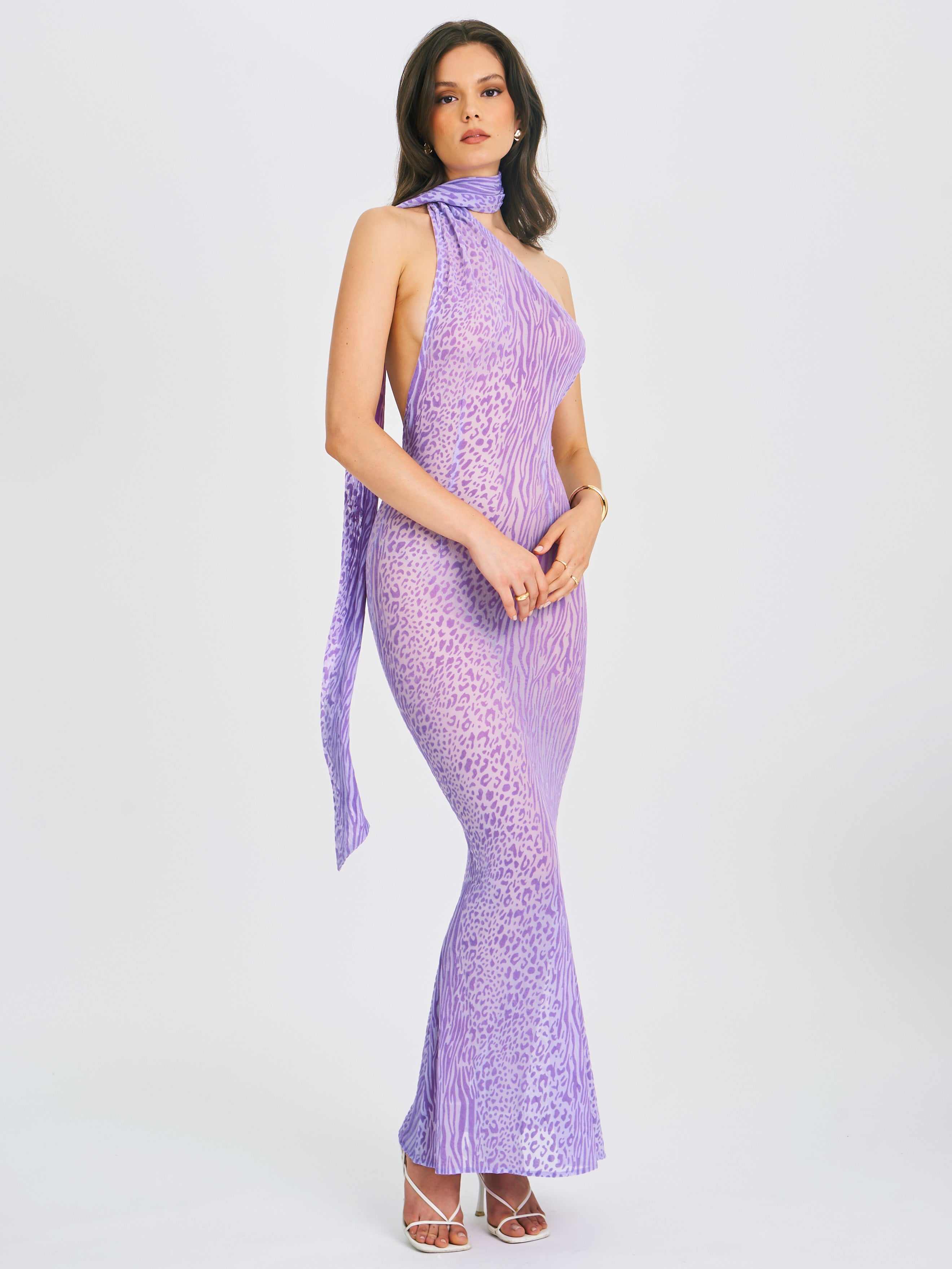 HOUSE OF LOTUS ピンタック くるみボタン パープル レース M Olena Purple Burnout Velvet Animal Print Mesh Halter Neck Maxi