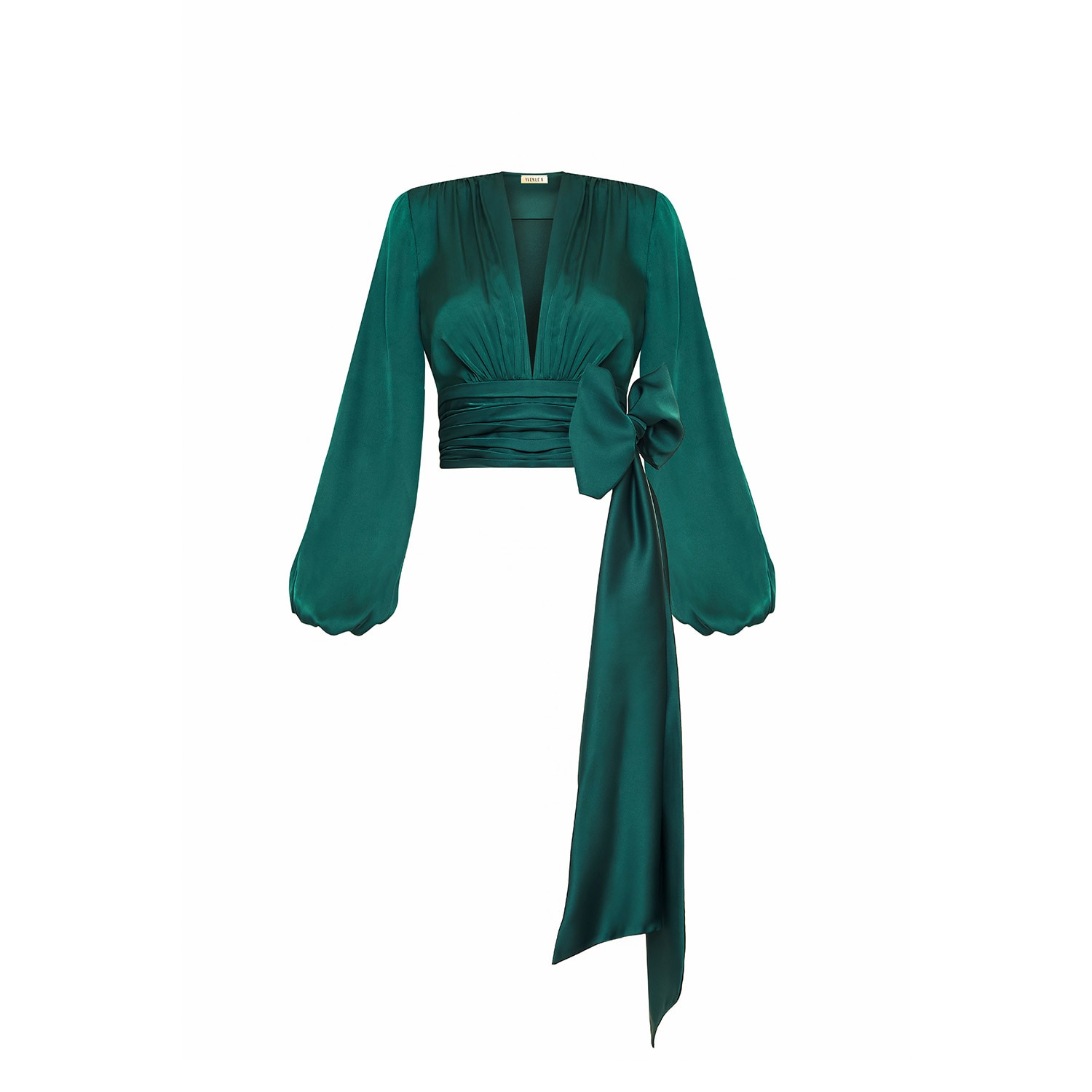 Avenue 8 Women's Green Draped Satin Deep V-neck Dress With Bow Detail