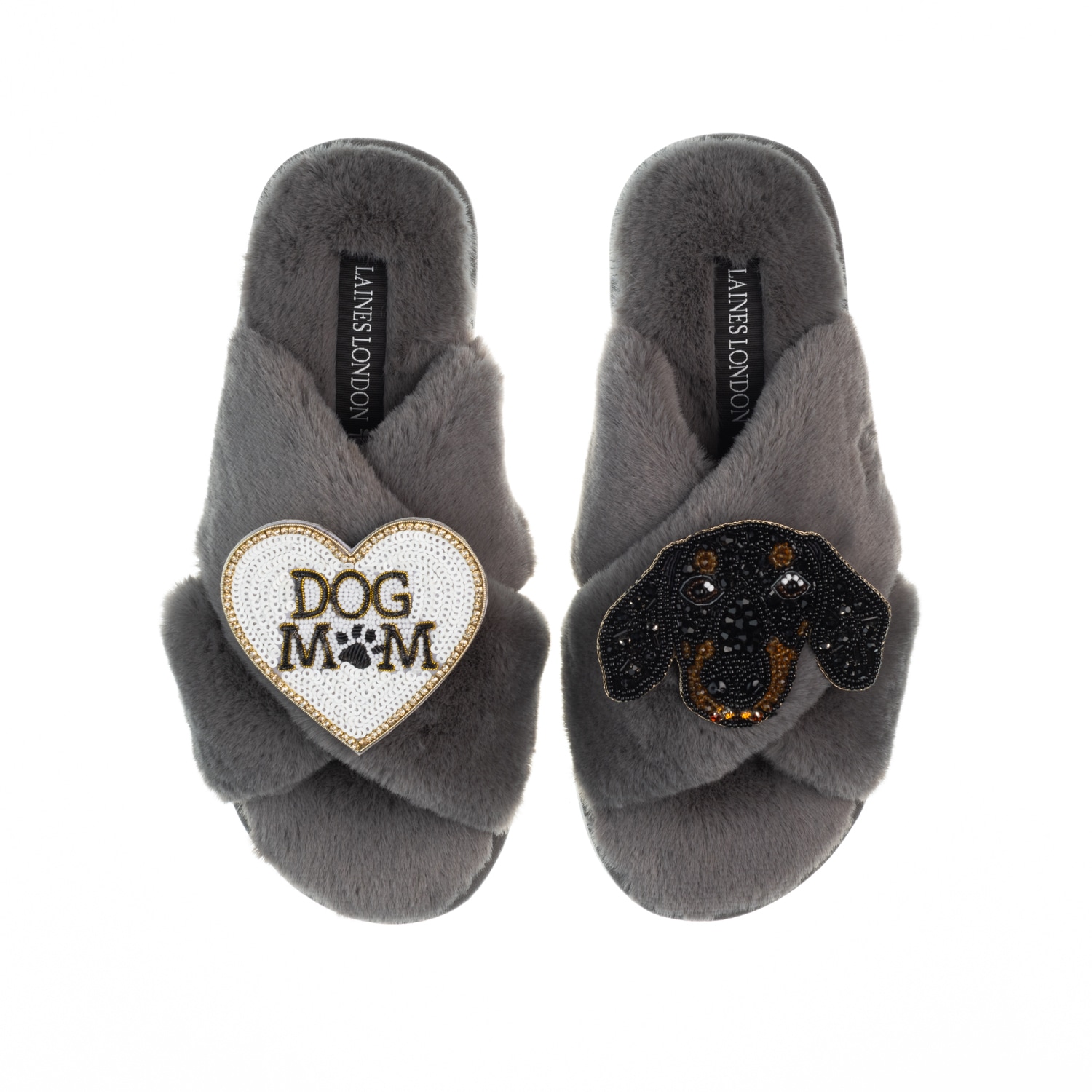 Women’s Classic Laines Slippers With Little Sausage & Dog Mum / Mom Brooches - Grey Large Laines London