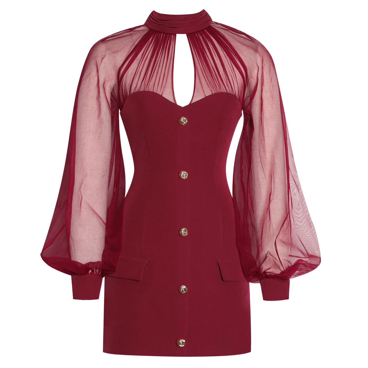 Miss Circle New York Women's Red Tabitha Burgundy Mesh Lantern Sleeve Mini Dress