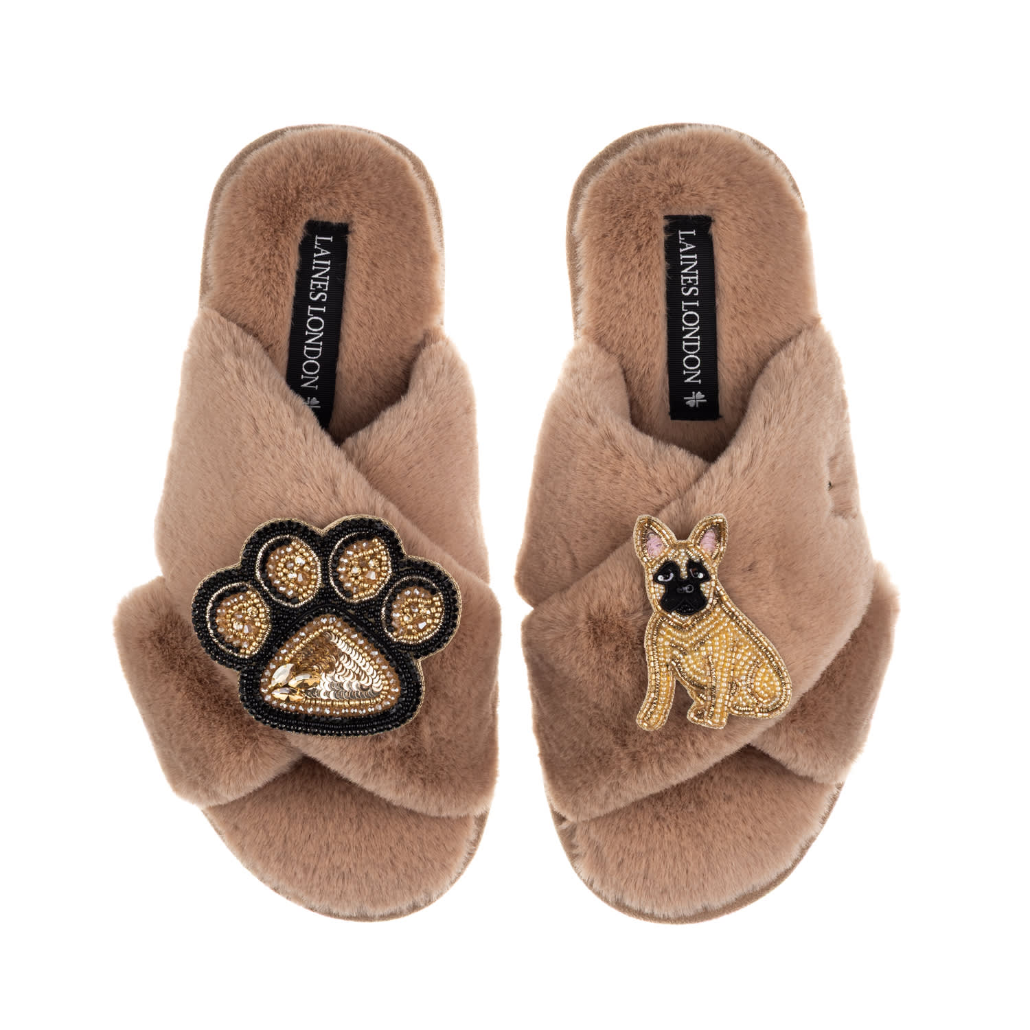 Laines London Women's Brown / Neutrals Classic Laines Slippers With Paw & Fawn Sitting French Bulldog Brooches - T