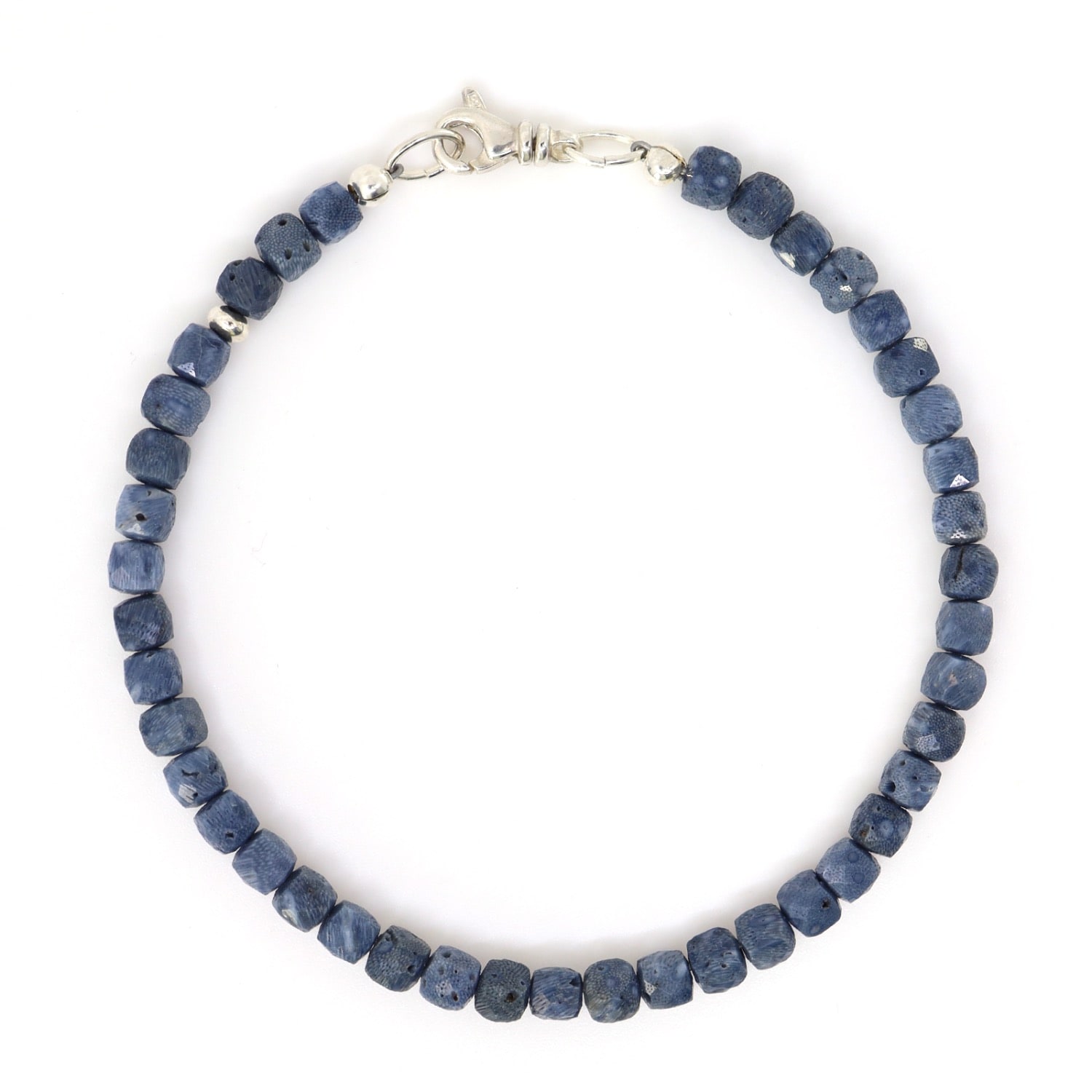 Shar Oke Men's Blue / Silver Sterling Silver & Blue Sponge Coral Beaded Bracelet
