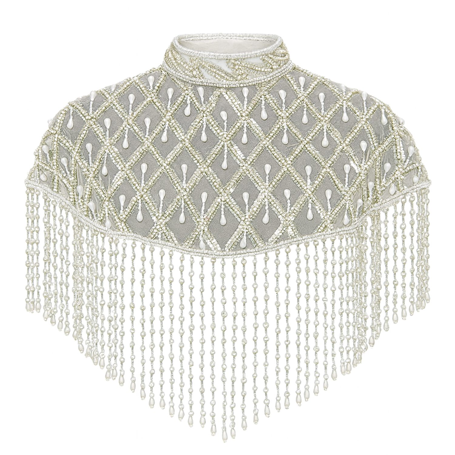 Richa Sharma Women's Hand-beaded White Pearl Fringe Cape Shawl - Bridal Sequin Lattice Cover Up In White