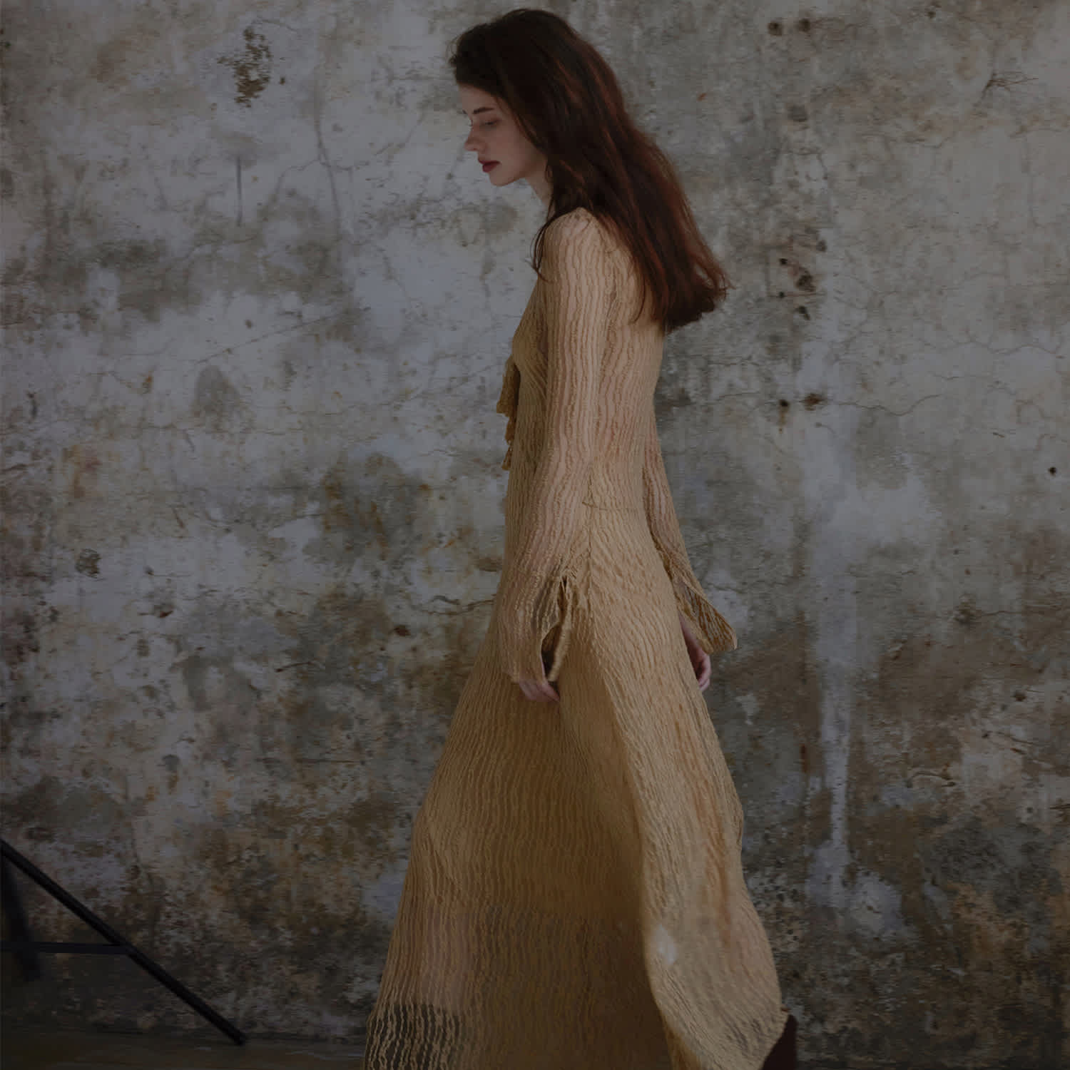 Trumpet Dress Flared Sleeve Sheer Lace Knit Dress In Beige | Belsize25 |  Wolf & Badger