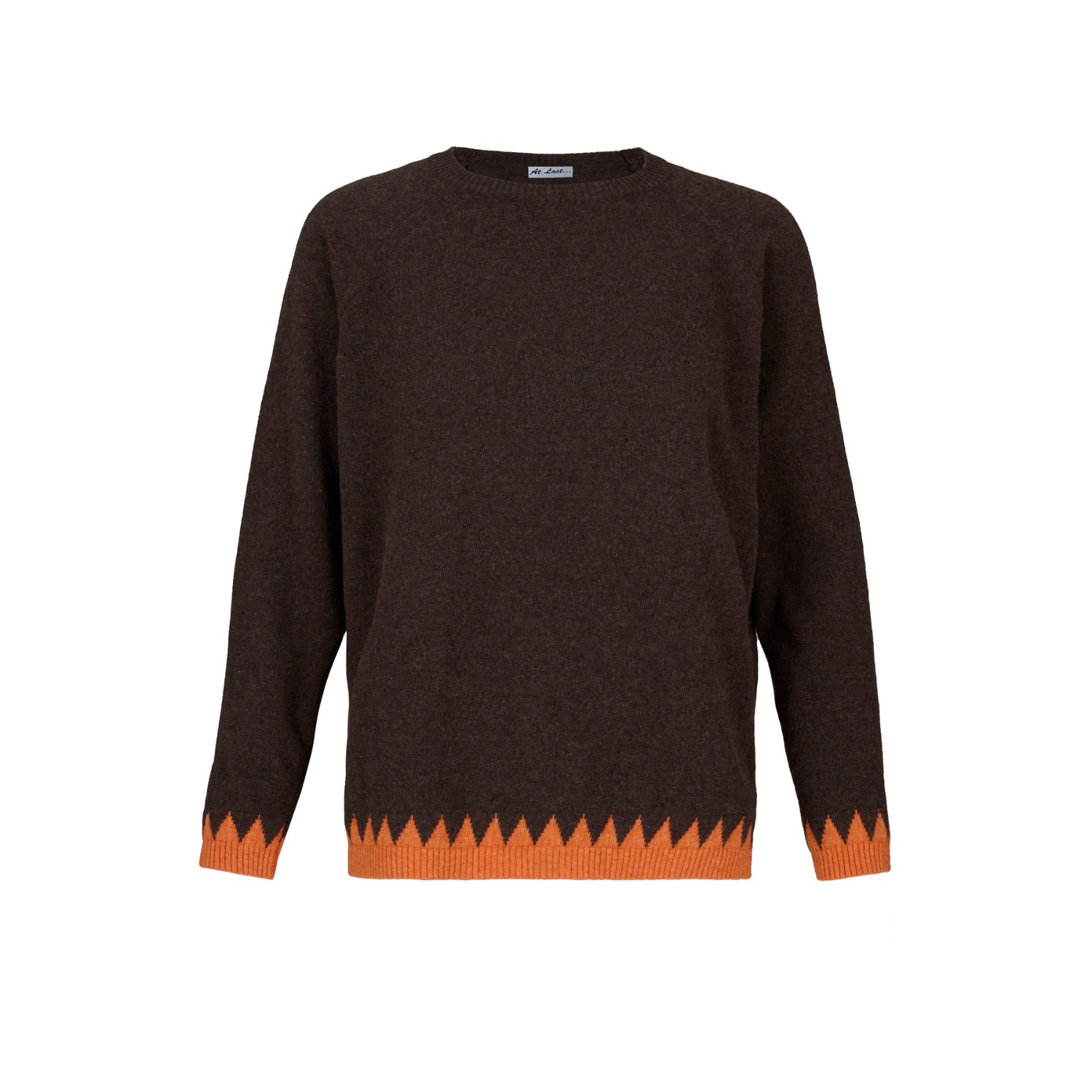 Women’s Cashmere Mix Sweater In Brown With Orange Zig Zag Hem & Cuffs One Size At Last...