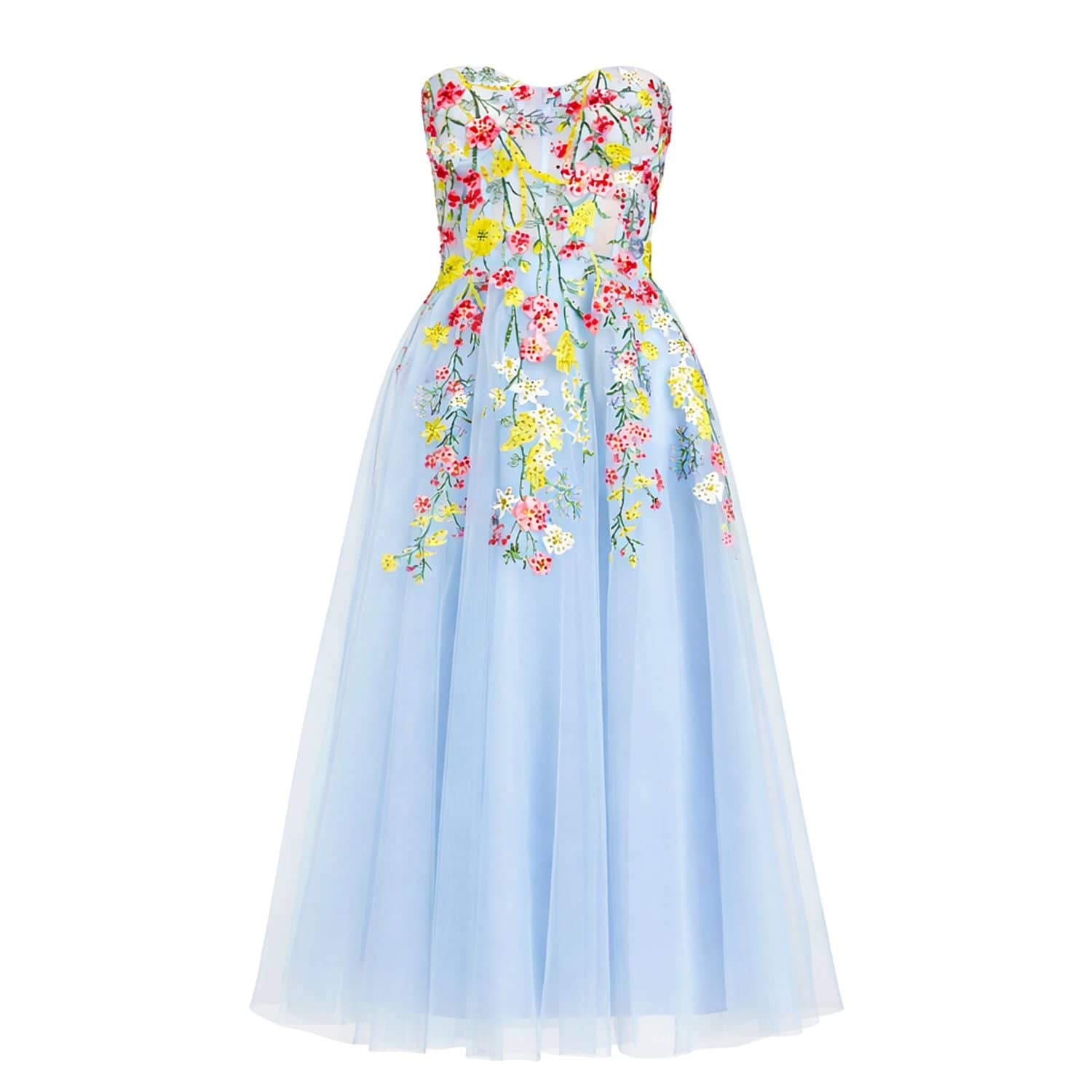 floral embroidered a line dress Sky Blue Floral Embroidered Empire Waist A-Line Dress – Maxim Creation