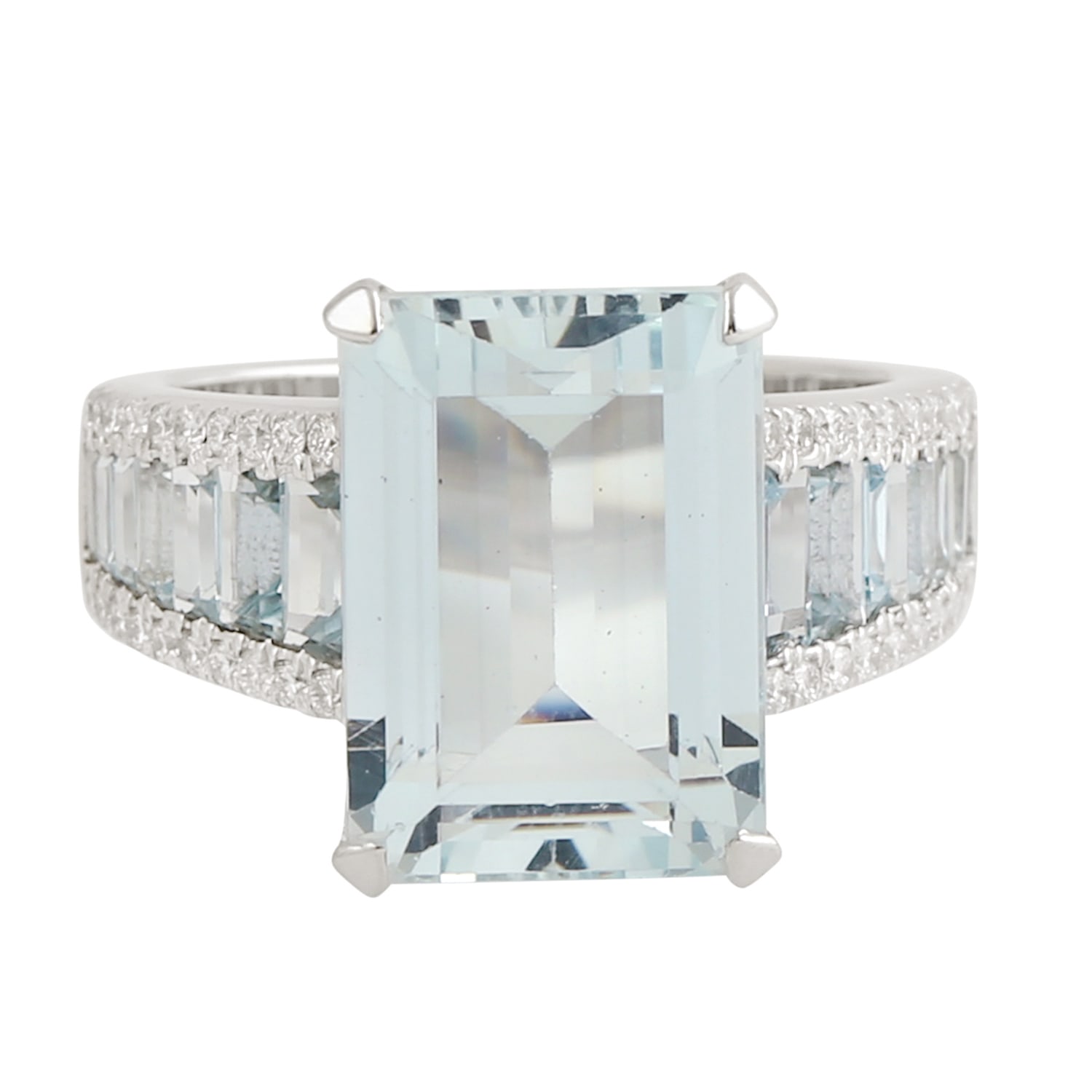 Women’s Blue / White Natural Aquamarine Baguette 18K White Gold Diamond Ring Designer Artisan