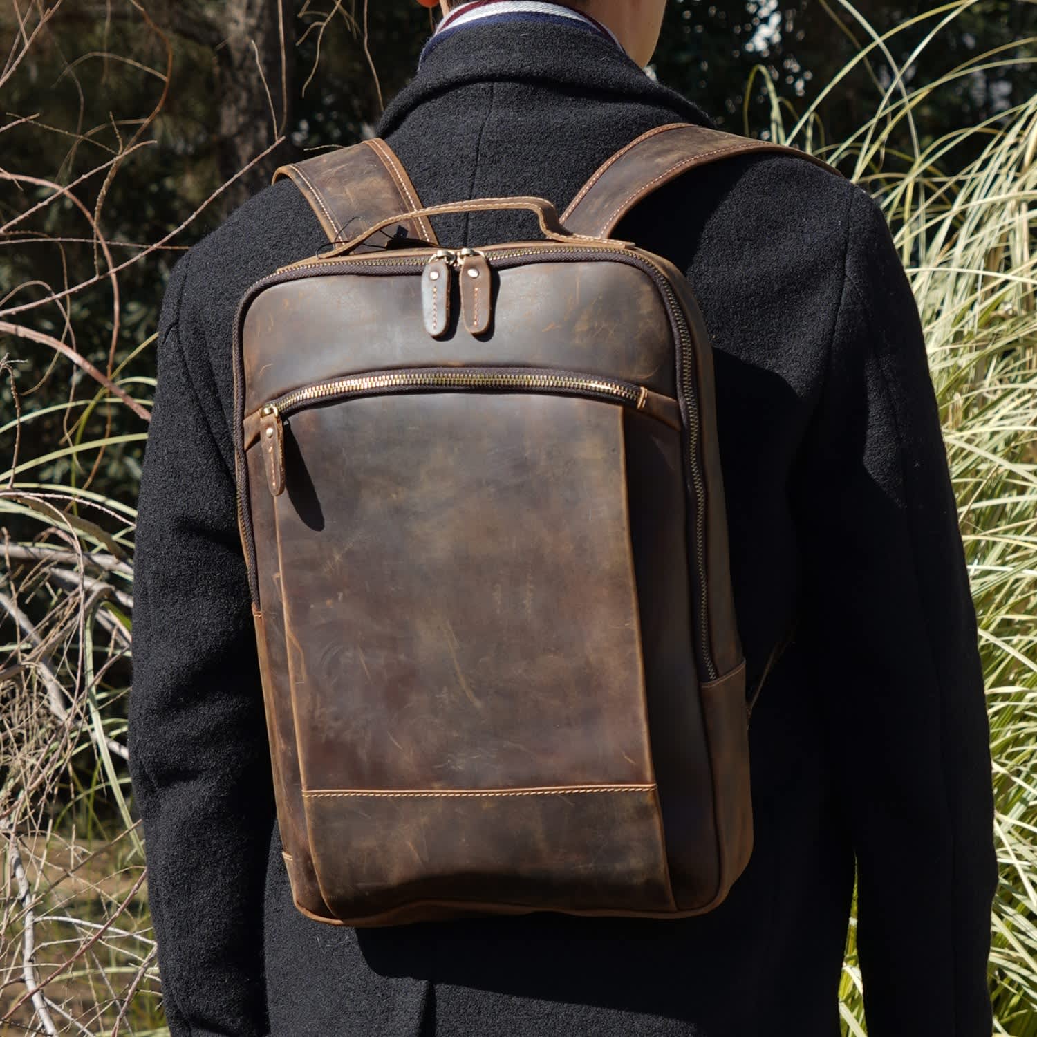 Minimalist Zip Open Leather Backpack - Dark Brown | Touri | Wolf