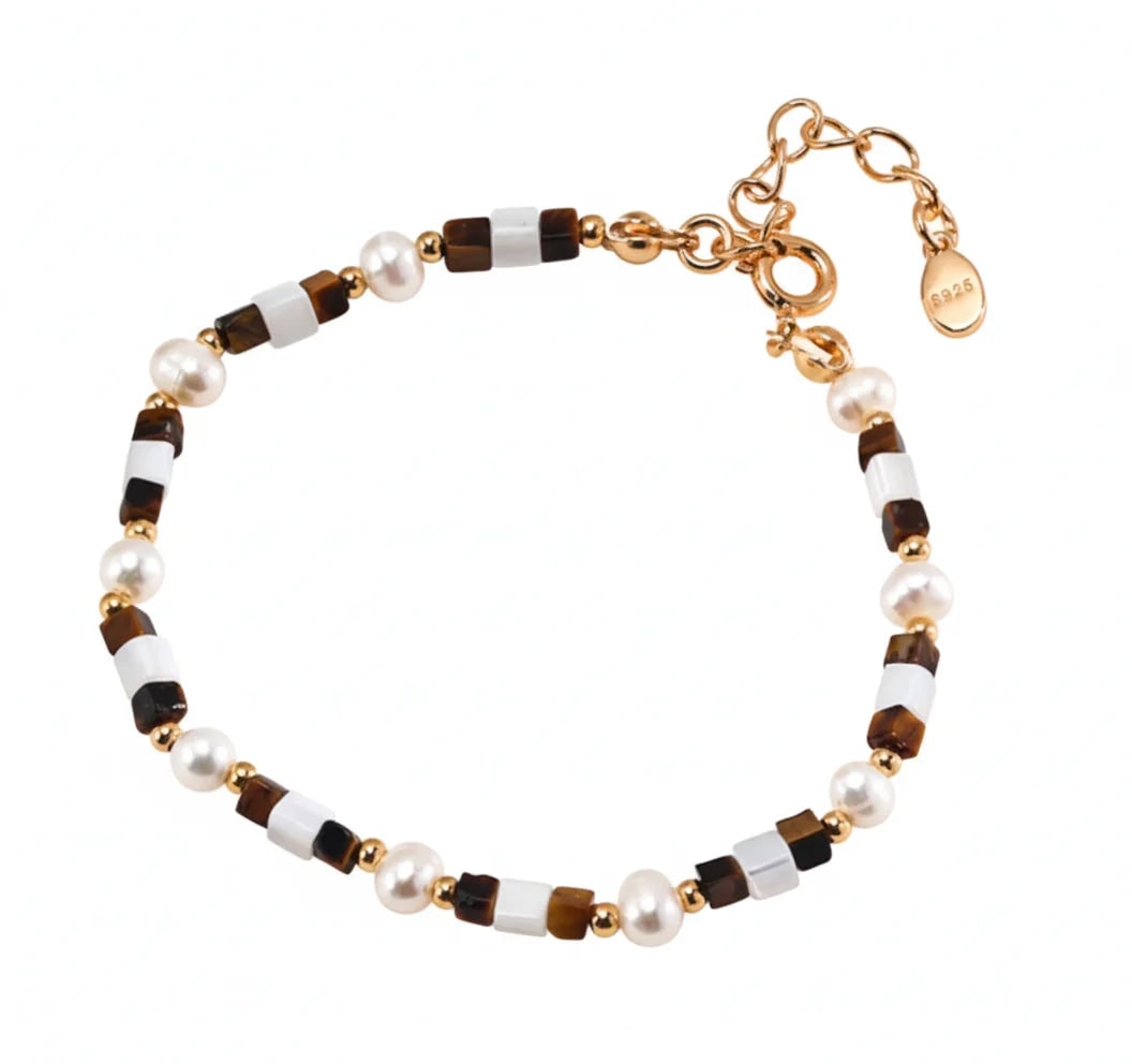 Women's Brown Tiger Eye Gemstone Pearl Beaded Bracelet | Angel Barocco