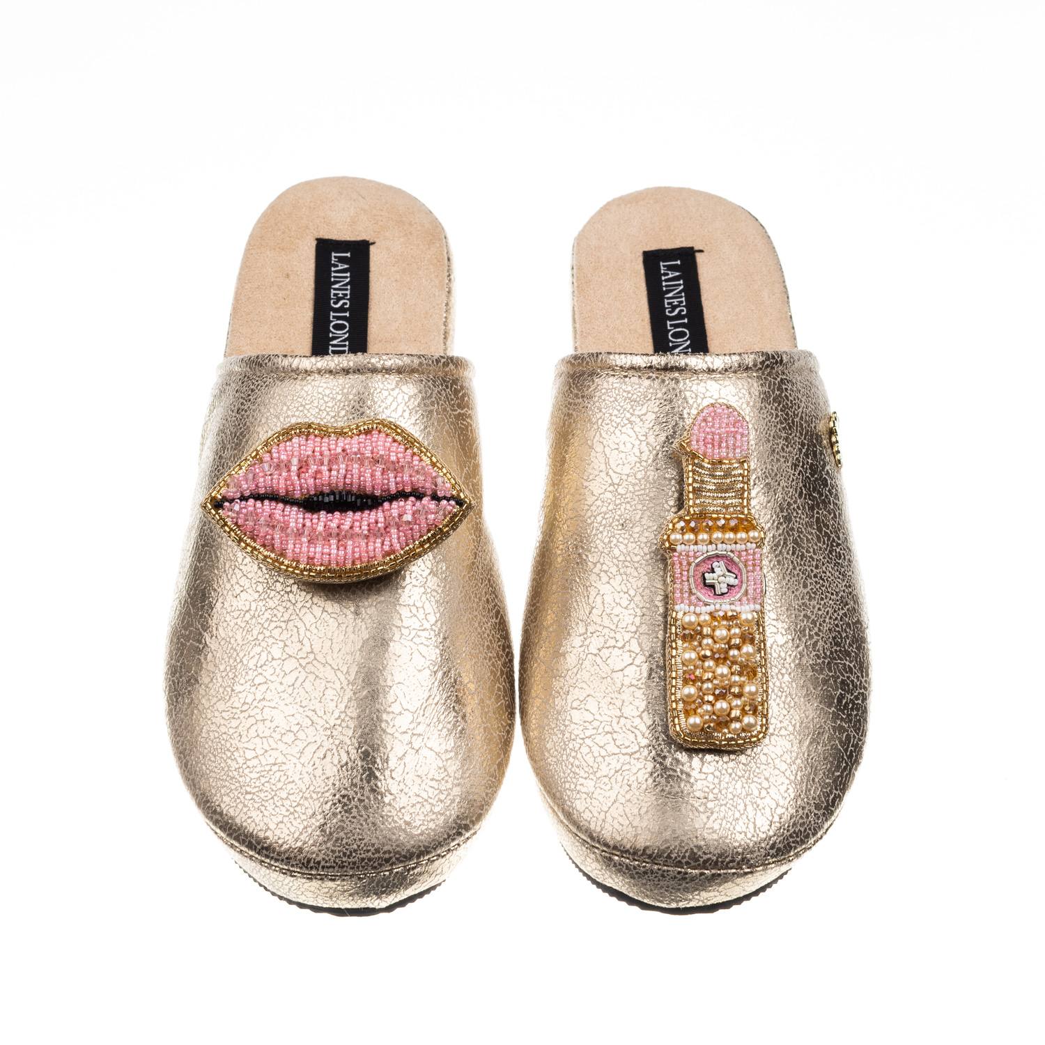 Laines London Women's  Gold Softie Slippers With Pink Lipstick & Lips Brooches In Gold