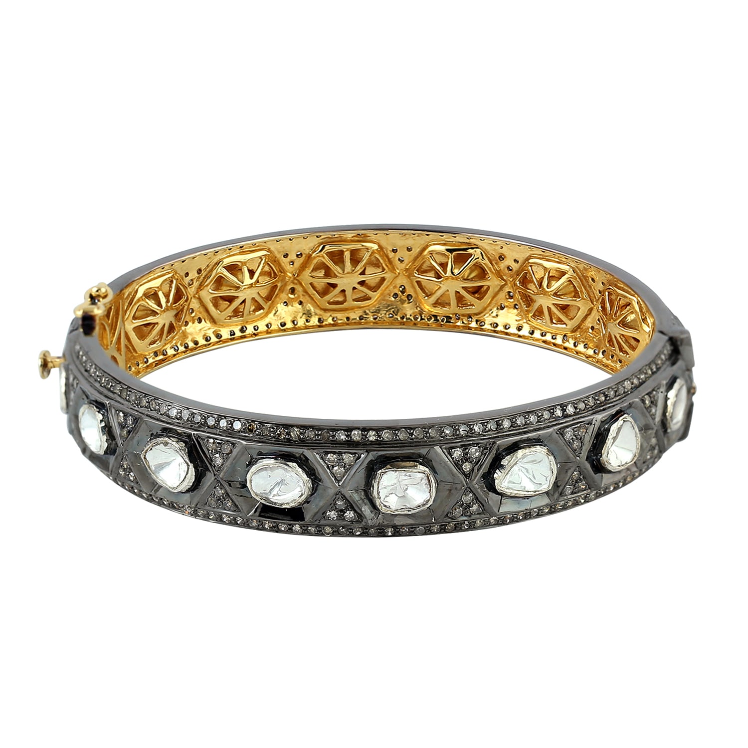 Women’s Silver / Gold / White 14K Gold & 925 Silver In Pave Natural Uncut Diamond Vintage Bangle Artisan