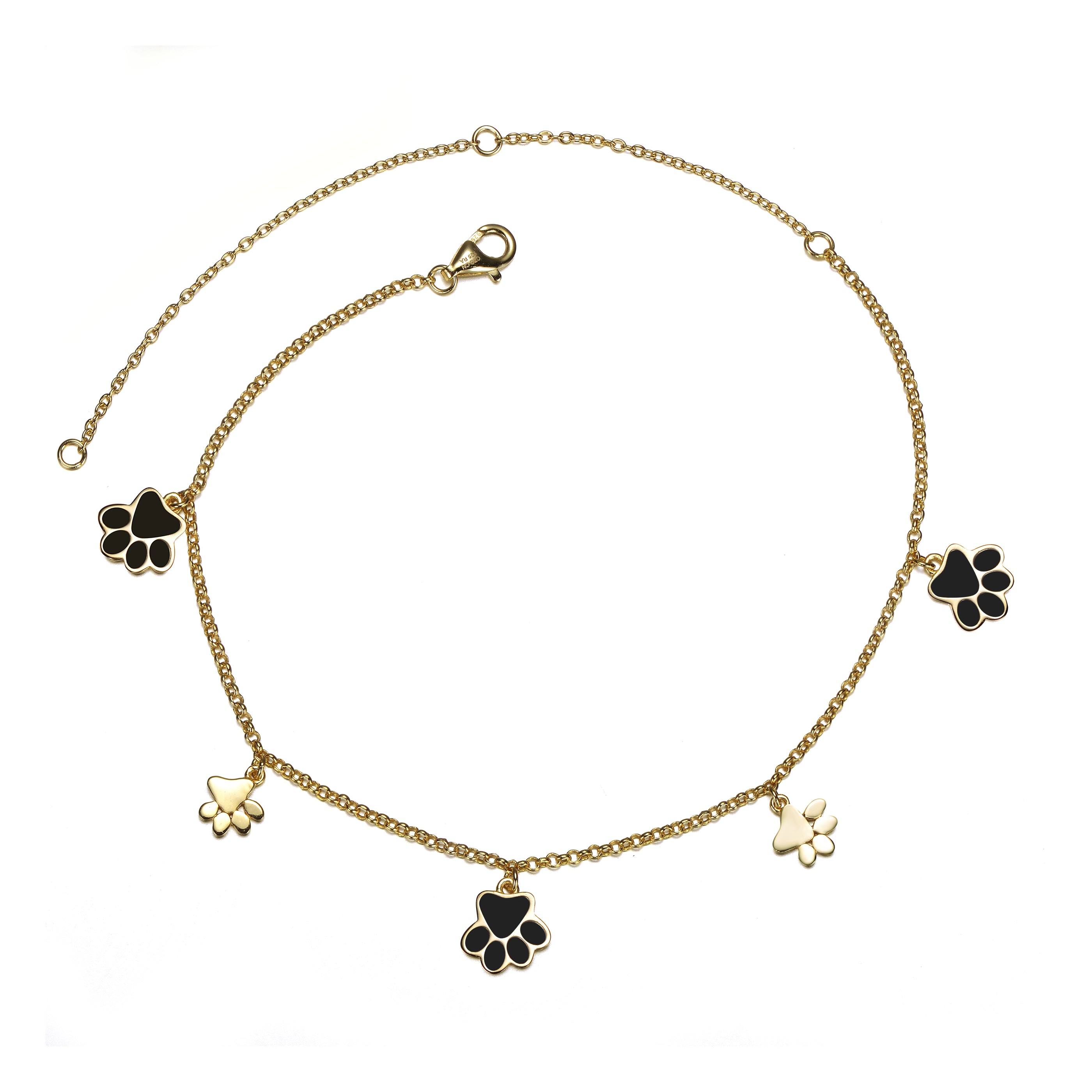 Women's Gold / Black Sterling Silver Gold Plated Enamel Puppy Paw Dangle Charm Anklet, Adjustable Length | Genevive Jewelry