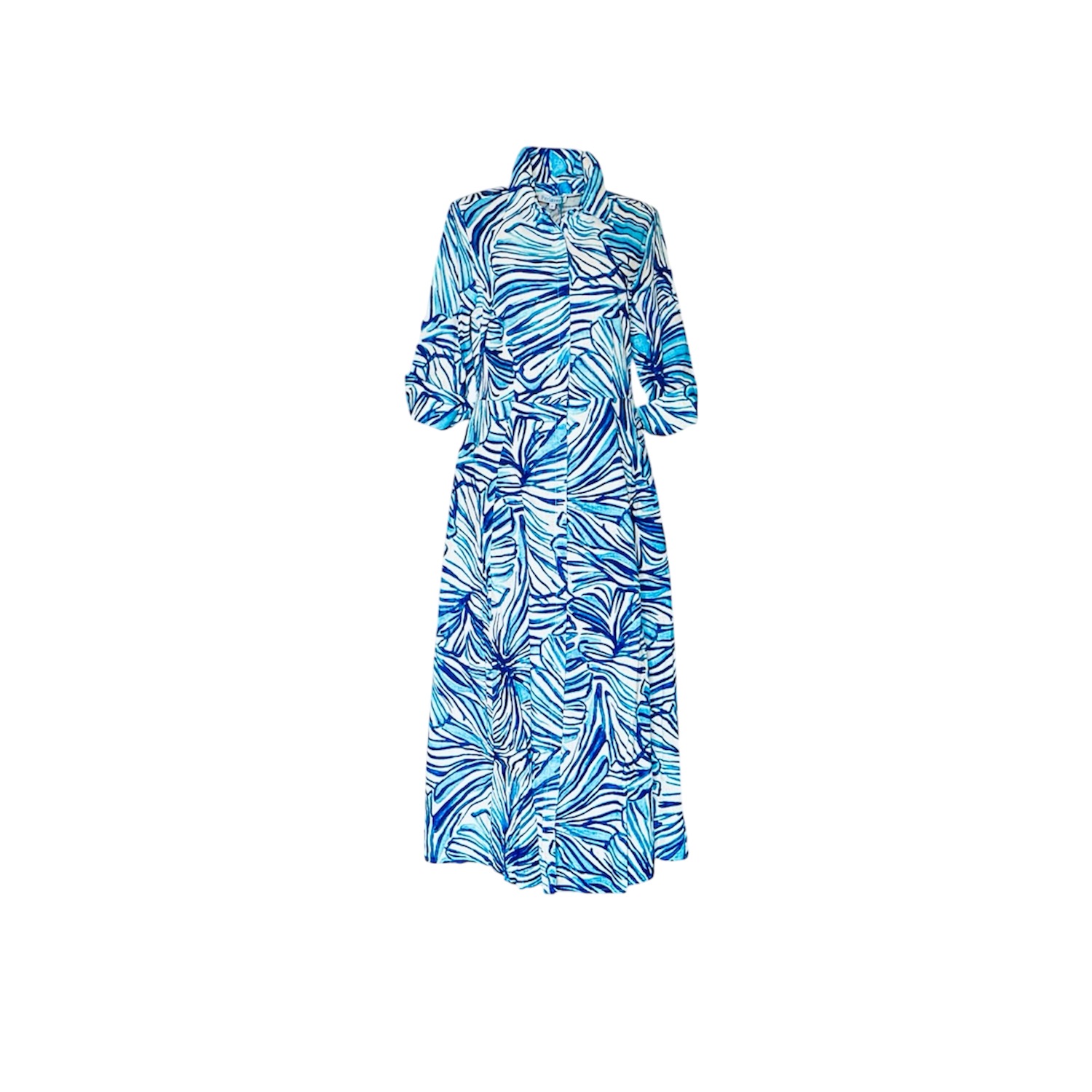 Leila Sentry Cerulean Linen Blend Three Quarter Sleeve Length Flared Bottom  Maxi Dress | Perlavera | Wolf & Badger