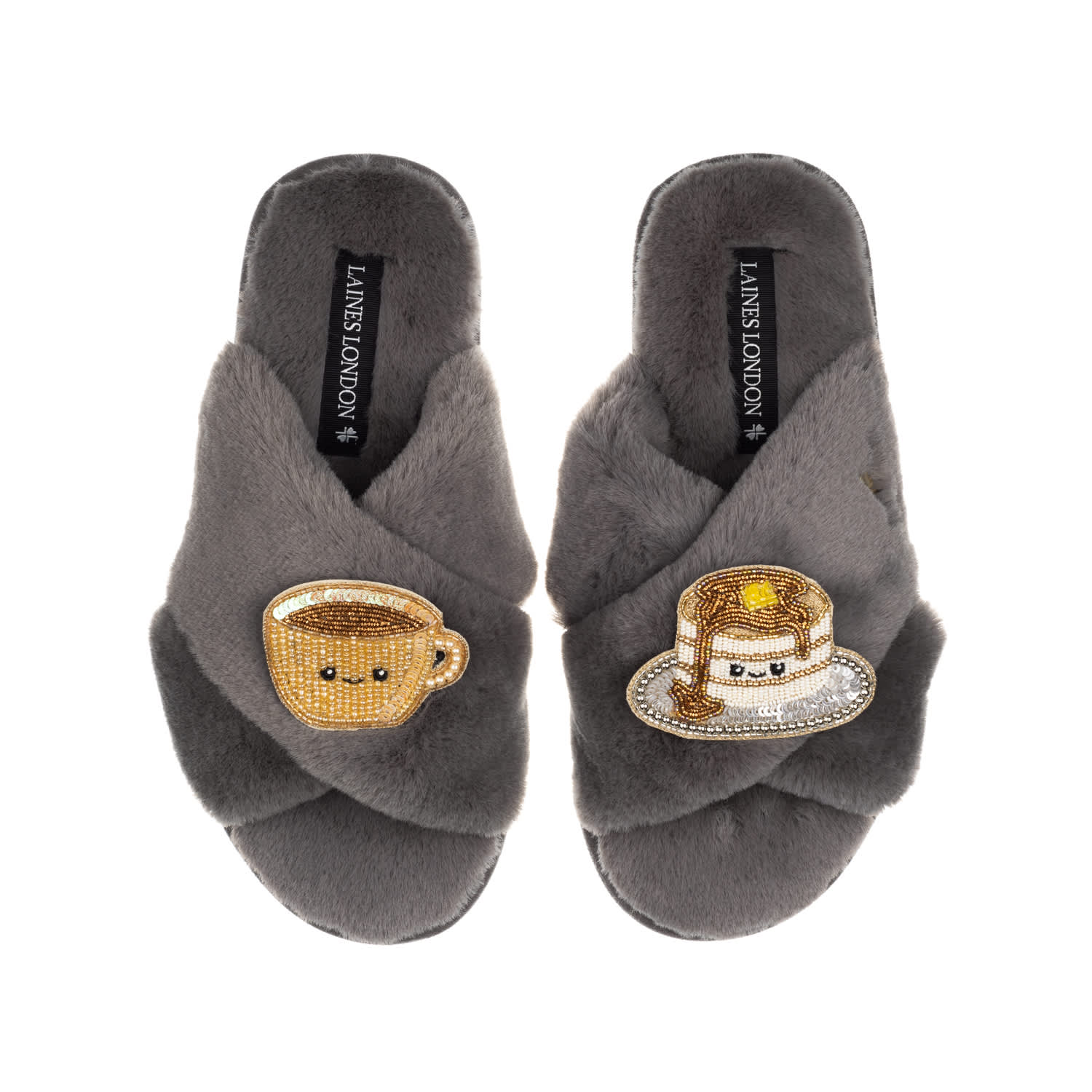Laines London Women's Classic Slippers With Laines Loveables Coffee & Pancakes Brooches - Grey In Grey