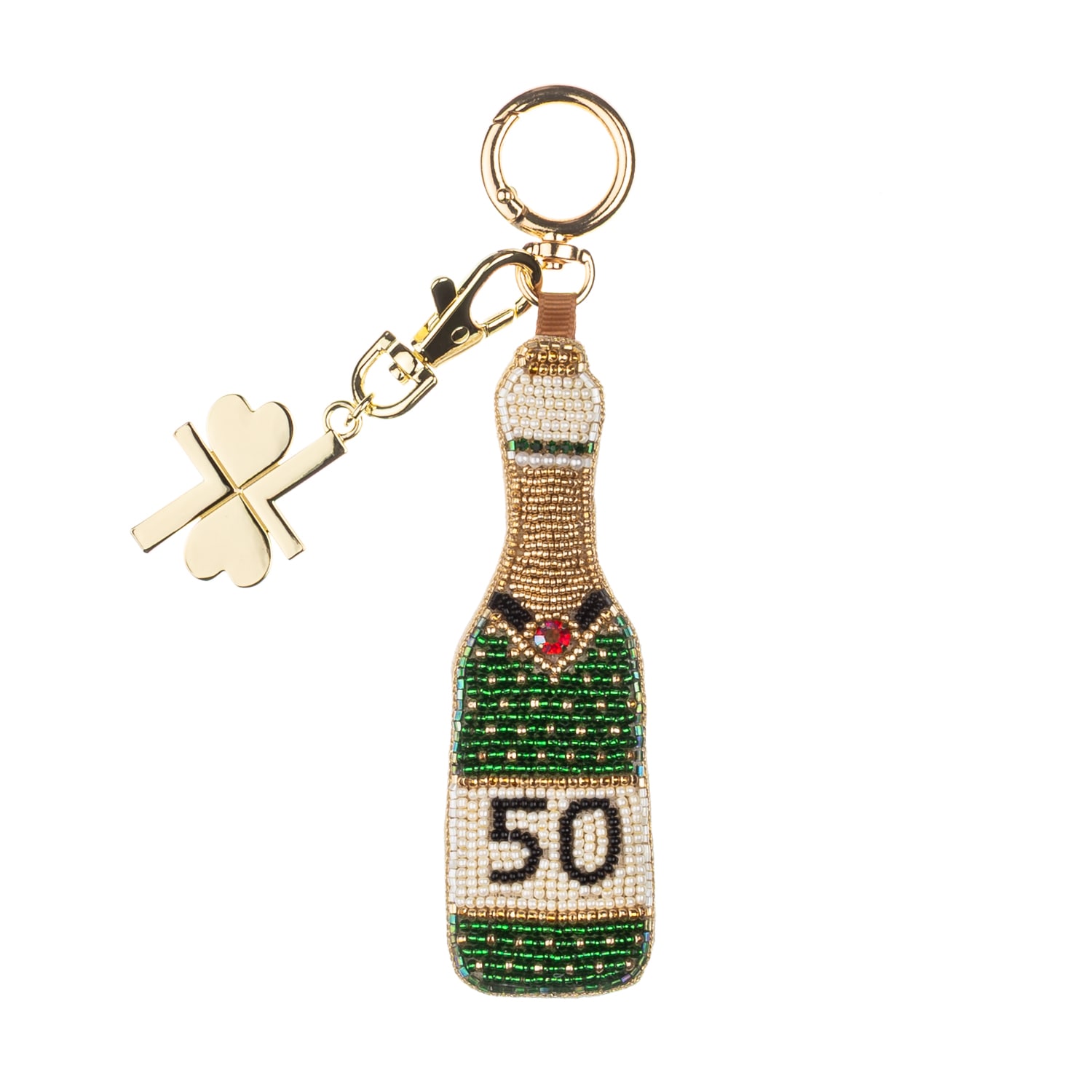 Women’s Gold / Green / White Milestone Birthday Champagne Hand-Beaded Bag Charm – 50Th | Laines London
