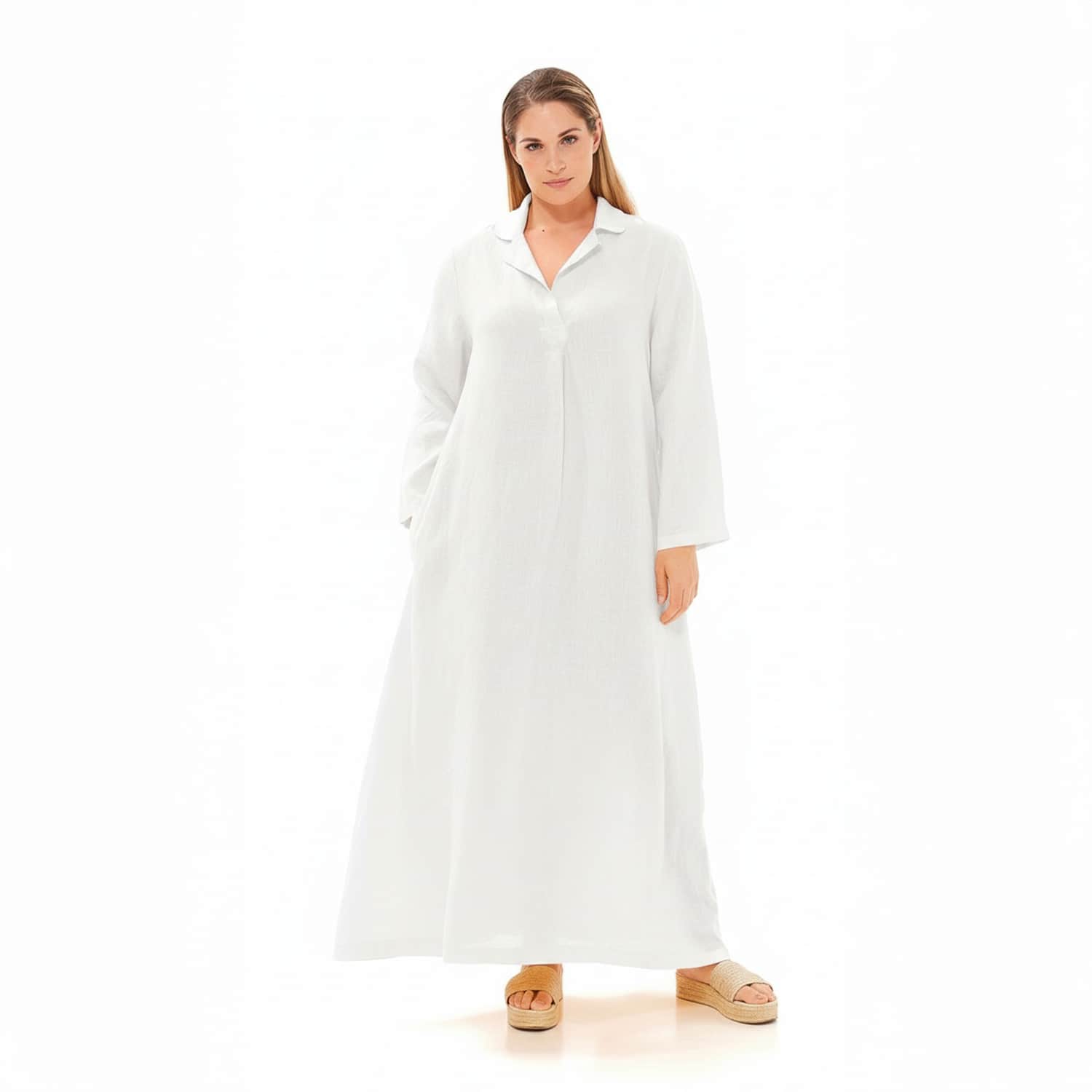 Maxi Curve Linen Dress With Front Pleat And Lapels - White | Haris Cotton |  Wolf & Badger