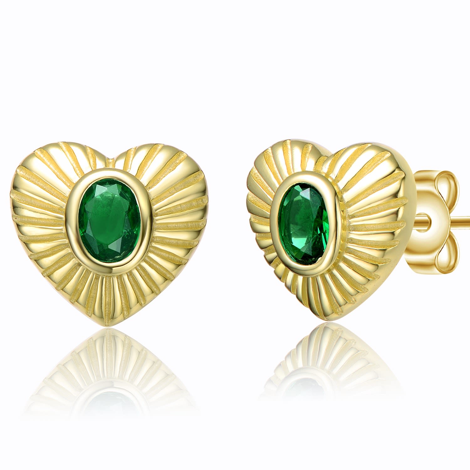 Women’s Sterling Silver Yellow Gold Plated With Emerald Cubic Zirconia Sunray Heart Stud Earrings Genevive Jewelry