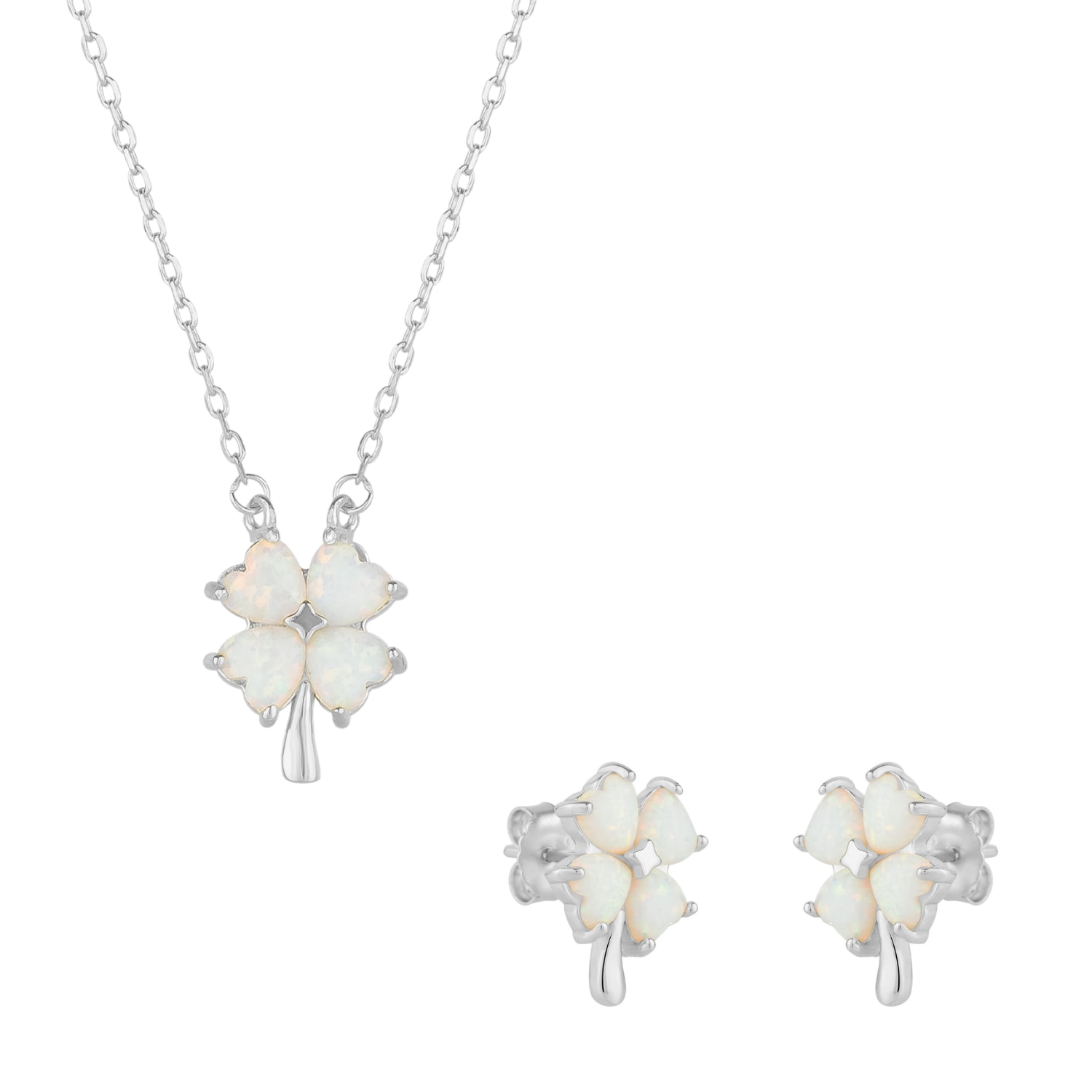 Spero London Women's White Opal Four Leaf Clover Sterling Silver Necklace & Earring Set - Silver