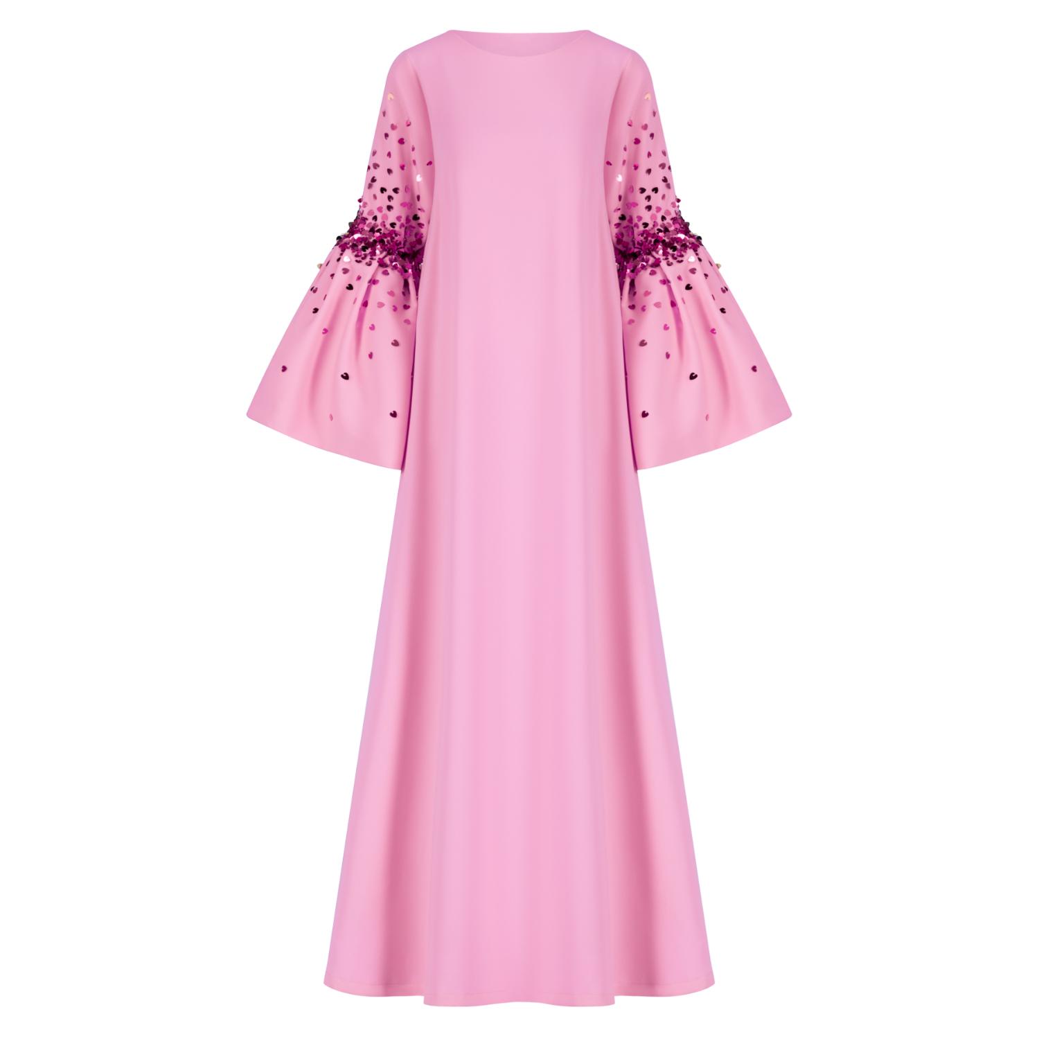Azzalia Women's Pink / Purple Crepe Kaftan With Puffed Sleeve And Scattered Embroidery-pink Panther In Pink/purple