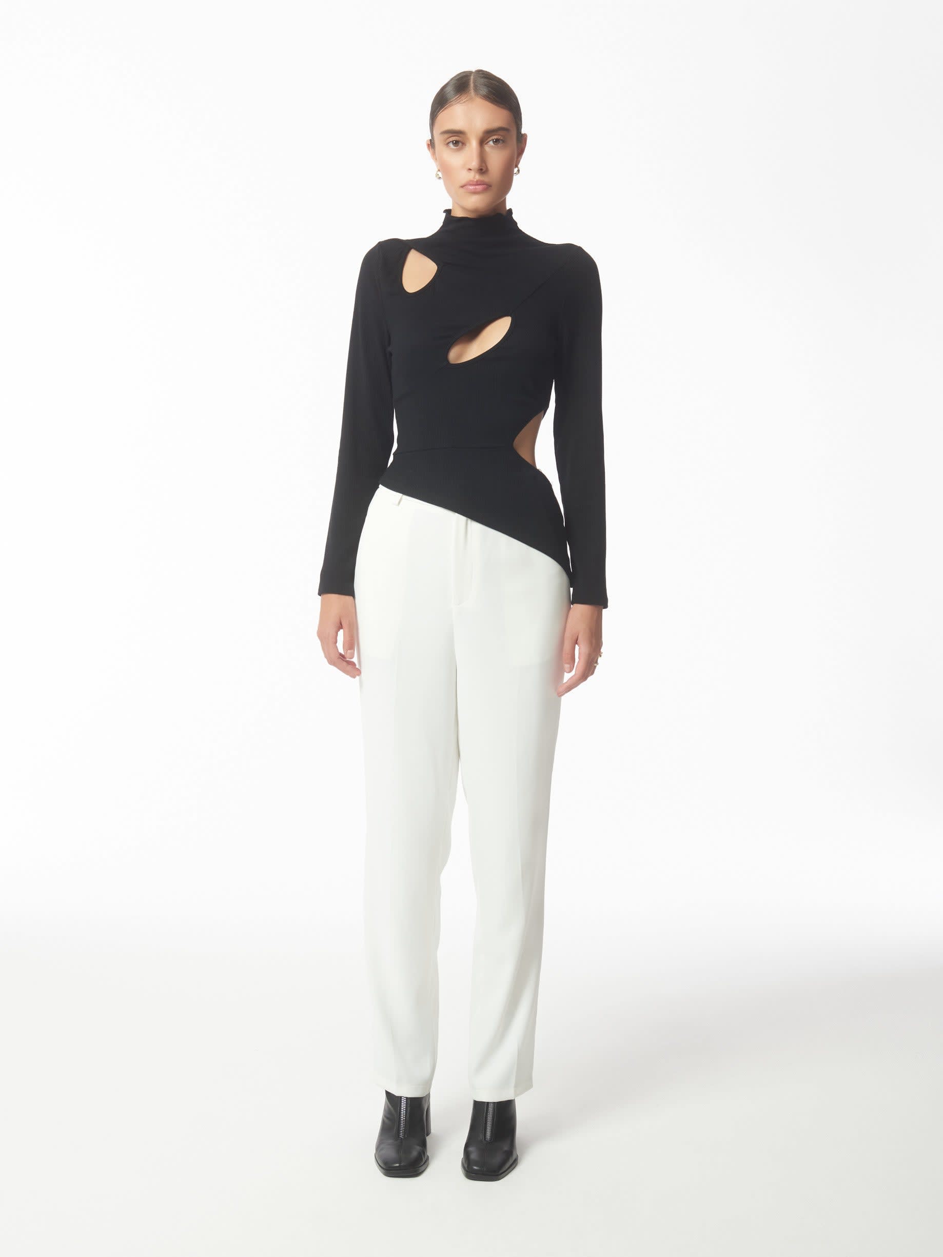 Asymmetric Cutout Stretch Knit Top In Black | SOUR FIGS | Wolf