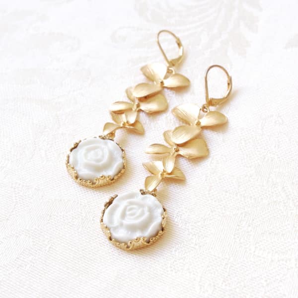 Poporcelain Porcelain Moonlight Rose & Triple Leaves Drop Earrings