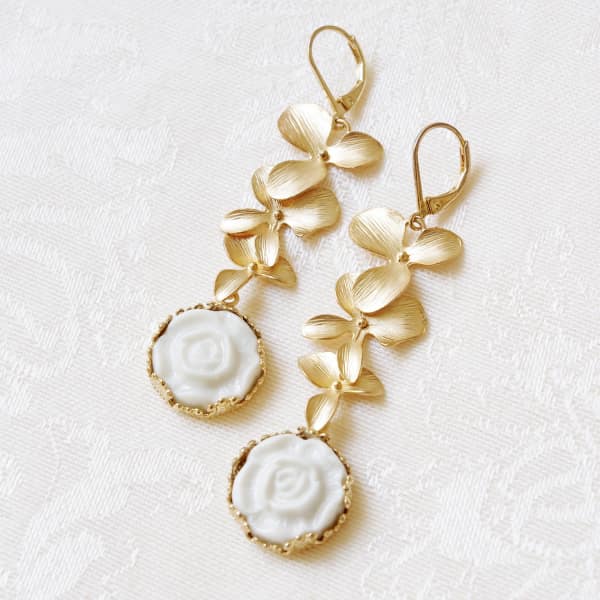Poporcelain Porcelain Moonlight Rose & Triple Leaves Drop Earrings