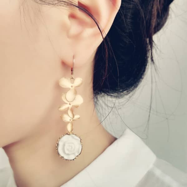 Poporcelain Porcelain Moonlight Rose & Triple Leaves Drop Earrings