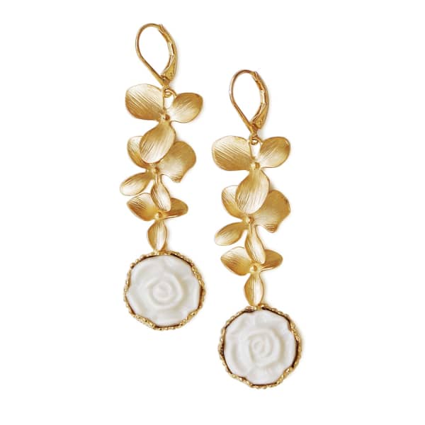 Poporcelain Porcelain Moonlight Rose & Triple Leaves Drop Earrings